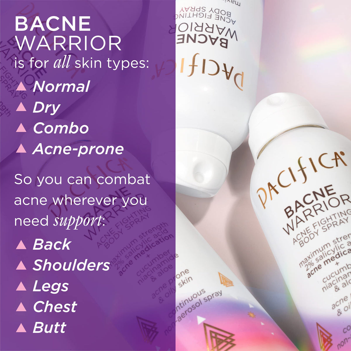 Pacifica Bacne Warrior - Bacne Salicylic Acid Spray, Back Acne Treatment Spray with 2% Salicylic Acid, Niacinamide, and Aloe, Body Acne Warrior Beauty & Personal Care Pacifica