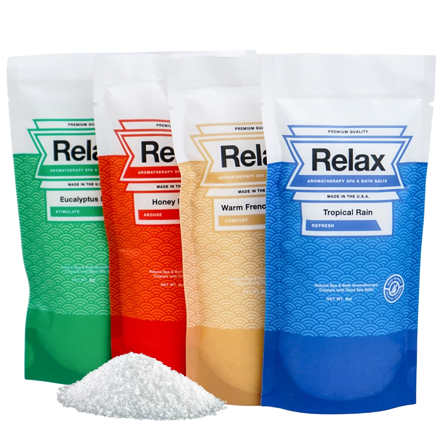Relax Spa & Bath Aromatherapy Bath Salts Variety Pack for Hot Tub, Bath, or Spa, Infused with Magnesium, Bath Salt for Soaking, Four 4oz Sample Bags Beauty and Personal Care Relax Spa & Bath