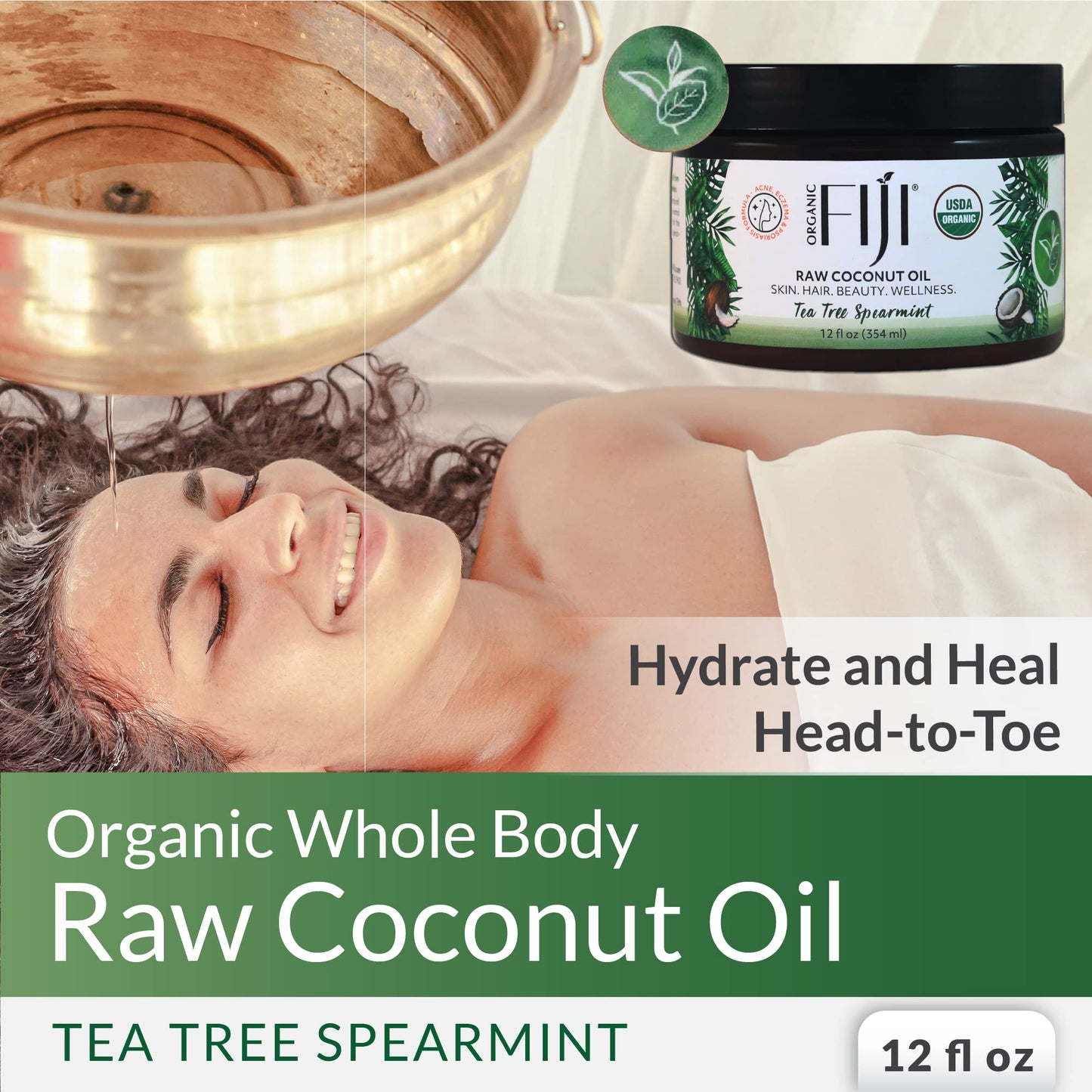 Organic Fiji Raw Cold Pressed Coconut Oil for Hair, Skin, Face & Body | Relaxing Massage Oil | Tea Tree Spearmint,12 oz for Women Men & Baby Beauty & Personal Care Organic Fiji
