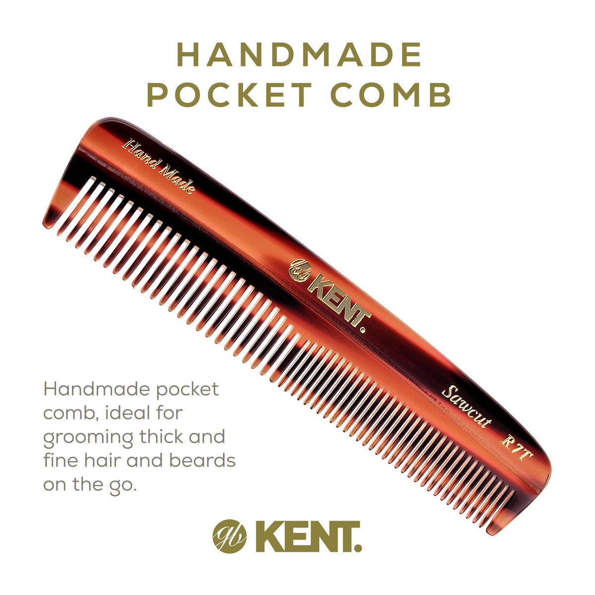 Kent R7T Fine and Wide Tooth Hair Comb, Handmade Pocket Comb for Men, Beard and Mustache Combs for Everyday Grooming and Styling, Sawcut Kent Combs,