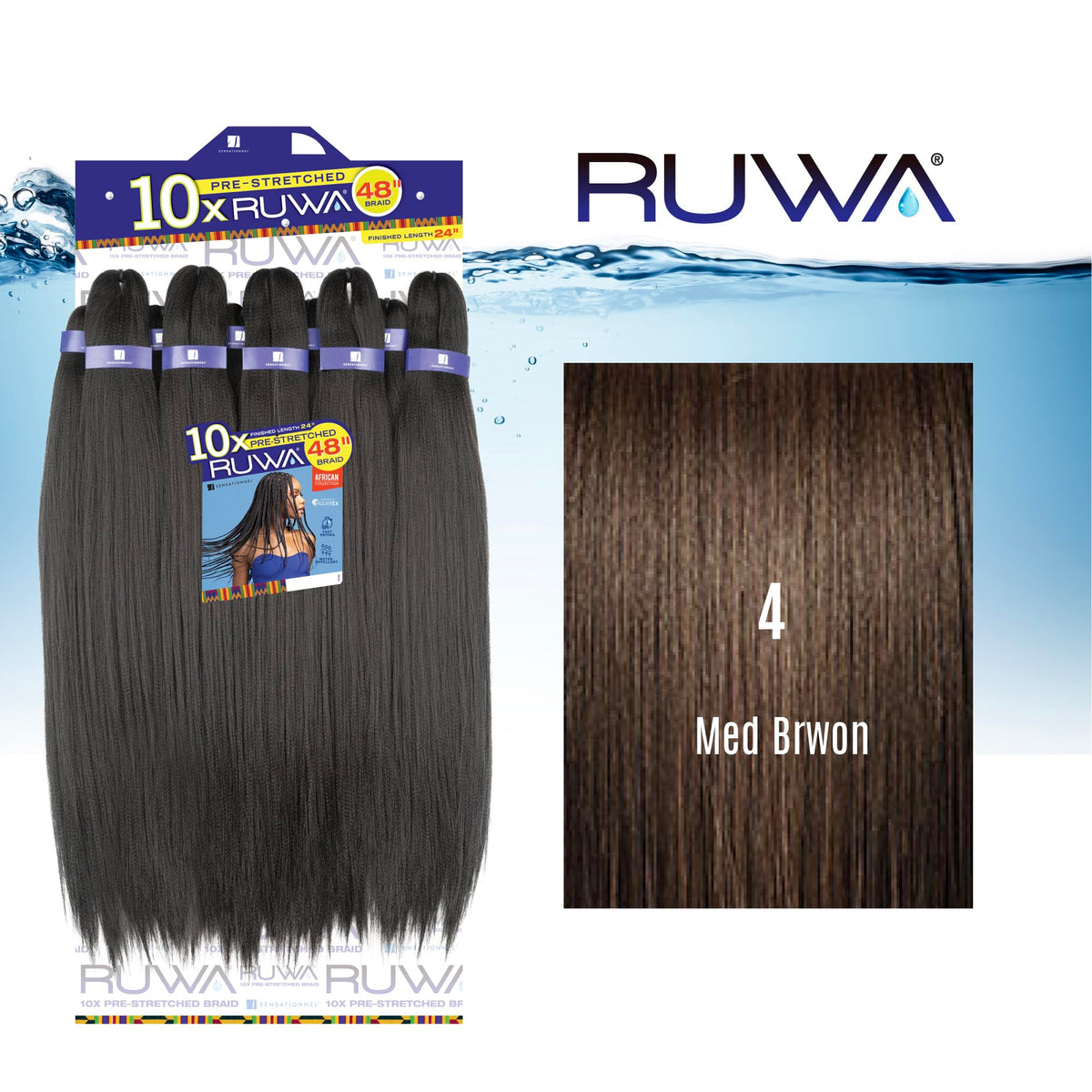 Sensationnel Ruwa Prestretched Braiding Hair-10X 48 Inch,4 MEDBROWN