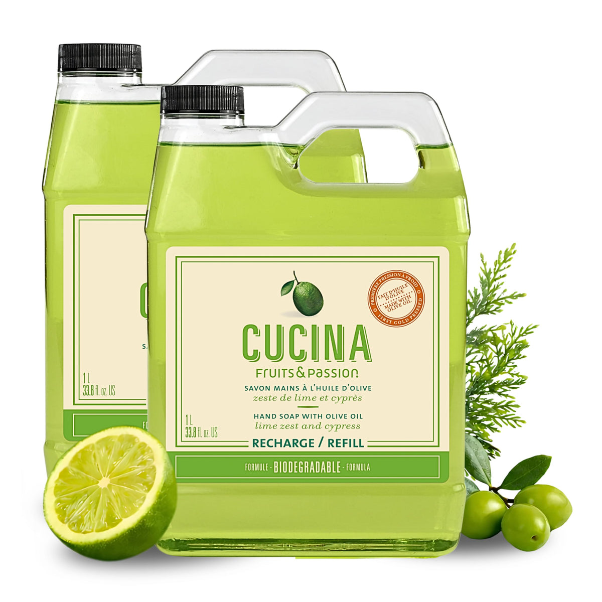 Cucina Fruits & Passion Lime Zest & Cypress Kitchen Hand Soap Refill, 1L Each - 2 Pack | Biodegradable, Cold-Pressed Olive Oil, Vegan, Made in Canada Beauty & Personal Care Cucina
