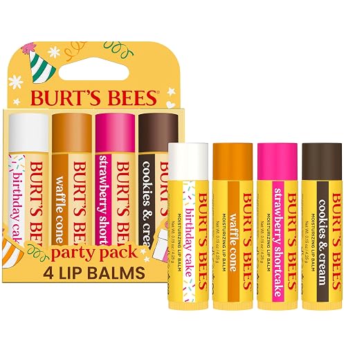 Burt's Bees Lip Balm Party Pack - Birthday Cake, Waffle Cone, Strawberry Shortcake, and Cookies & Cream, All Day Moisturizer, Tint-Free, Natural Beauty & Personal Care Burt's Bees