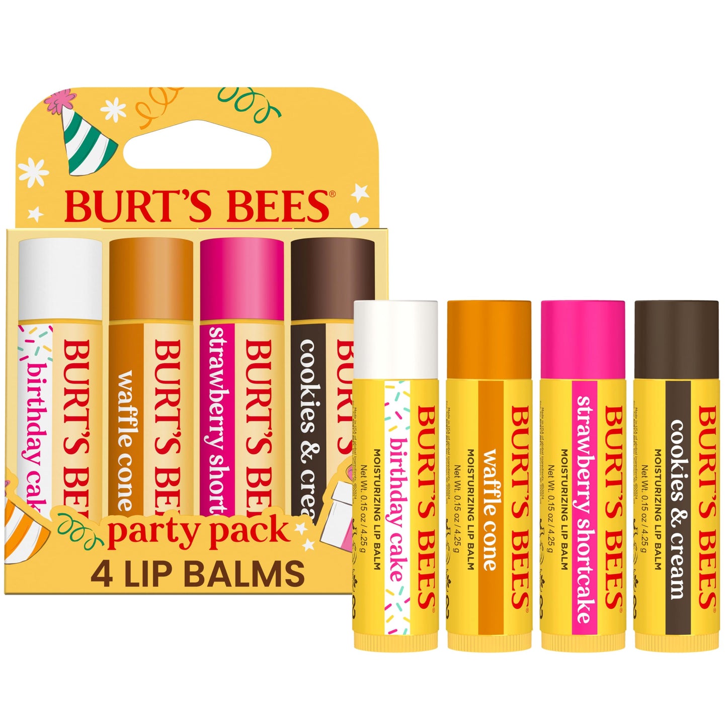 Burt's Bees Lip Balm Party Pack - Birthday Cake, Waffle Cone, Strawberry Shortcake, and Cookies & Cream, All Day Moisturizer, Tint-Free, Natural Beauty & Personal Care Burt's Bees