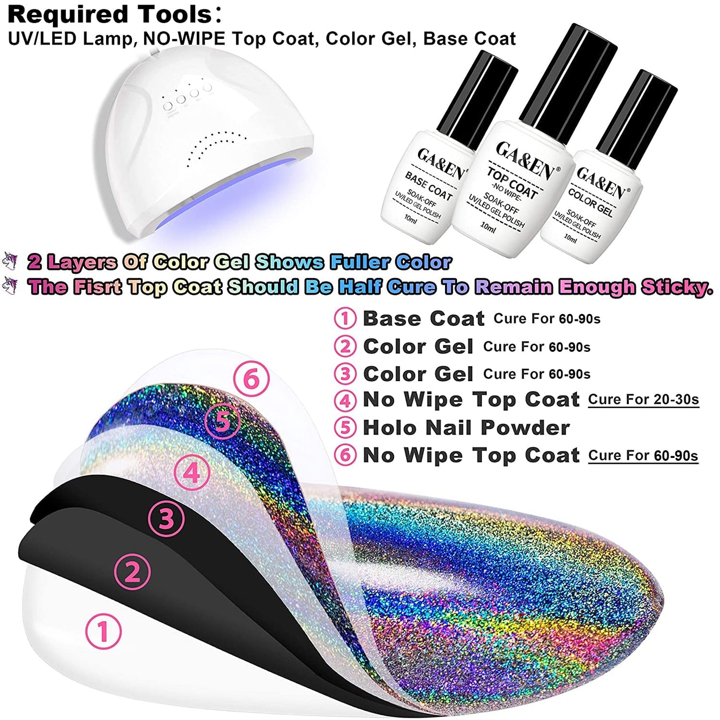 GA&EN Holographic Nail Polishing Powder Fine Rainbow Holo Unicorn Mirror Laser Effect Multi Chrome Manicure Pigment Glitter Dust for Salon Home Nail Beauty & Personal Care GA&EN