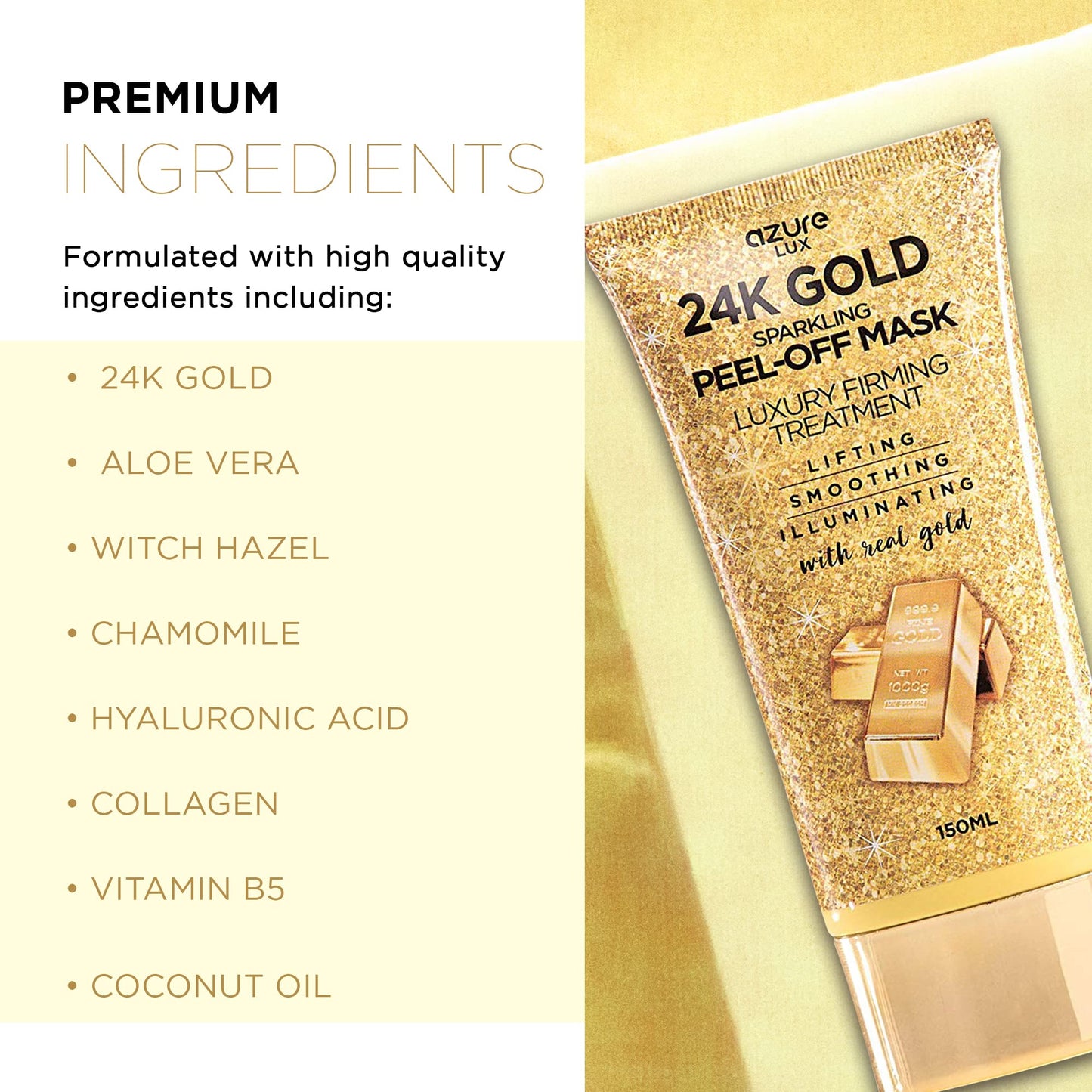 AZURE 24K Gold Firming Peel Off Face Mask- Anti Aging, Lifting, Illuminating & Revitalizing - Removes Blackheads, Dirt & Oils - With Hyaluronic Acid Beauty & Personal Care Azure Cosmetics