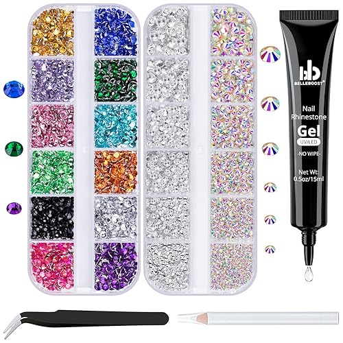 BELLEBOOST Nail Art Rhinestone Kit, 15ml Rhinestone Gel Glue+Colorful Gems+Flatback Glass Crystal AB&Clear Gemstones with Pickup Tools for Bedazzling Beauty & Personal Care BELLEBOOST