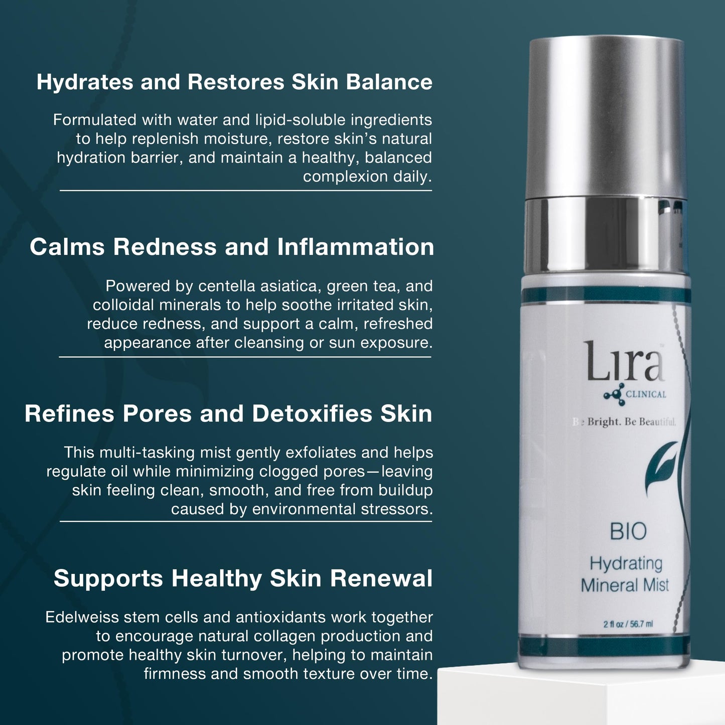 Lira Clinical BIO Hydrating Mineral Mist - Face Mist Hydrating Spray with Plant Stem Cells - Calming & Glowing Facial Mist - 2 Ounce Beauty & Personal Care Lira Clinical