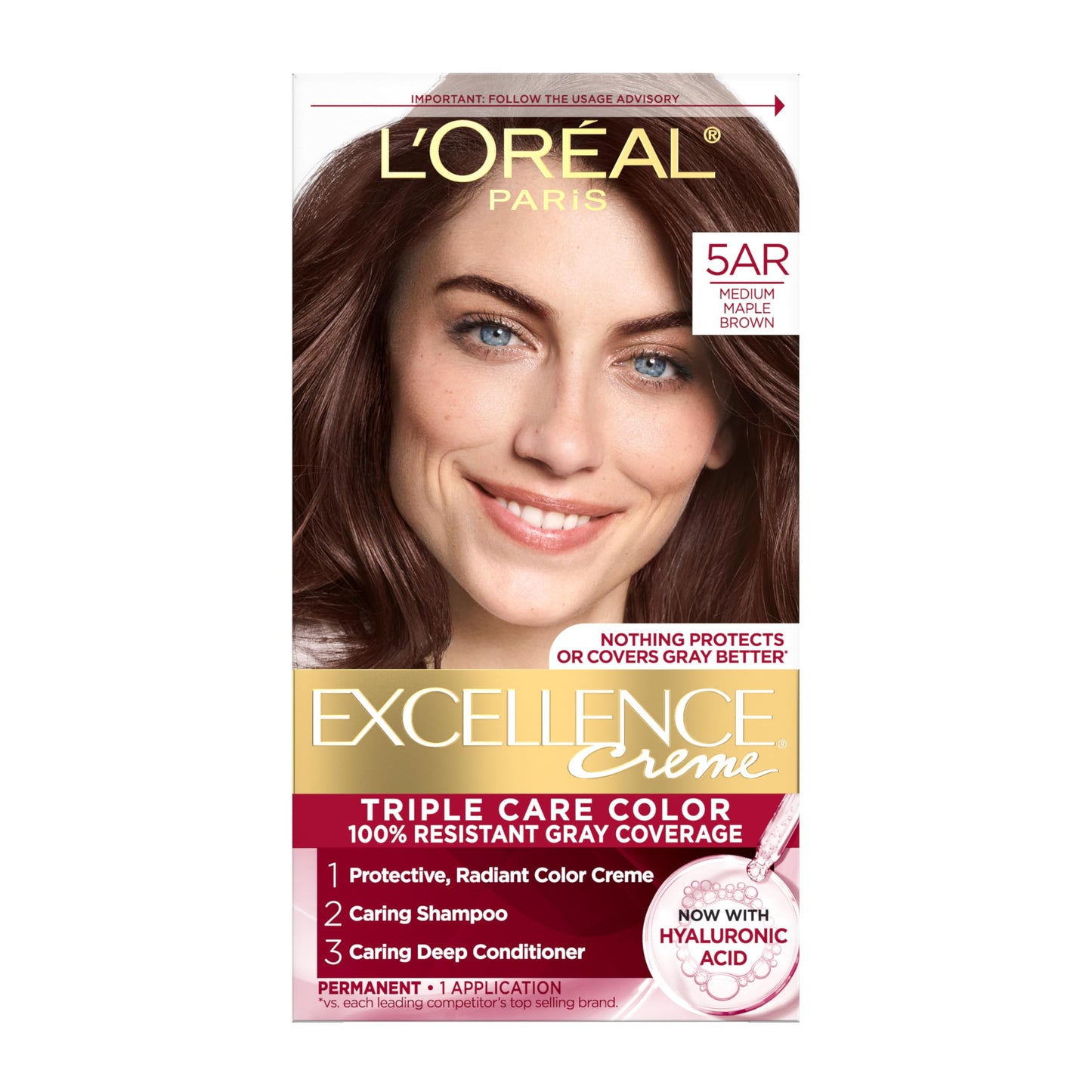 L'Oreal Paris Excellence Crème Permanent Hair Dye, Triple Care Hair Color with Hyaluronic Acid for 100% Gray Coverage, 5AR Medium Maple Brown, 1 Kit Beauty & Personal Care L'Oreal Paris