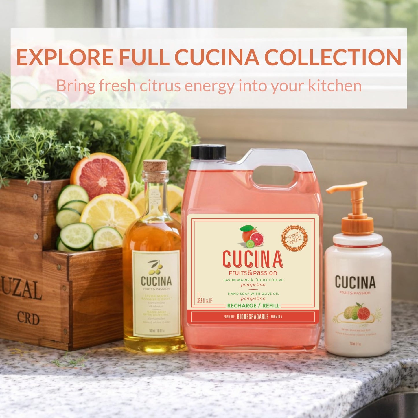 Cucina Fruits & Passion Hand Soap Refill, Pompelmo, 1 L (33.8 fl oz), Liquid Hand Soap with Moisturizing Olive Oil, Biodegradable, Vegan Formula Beauty & Personal Care Cucina