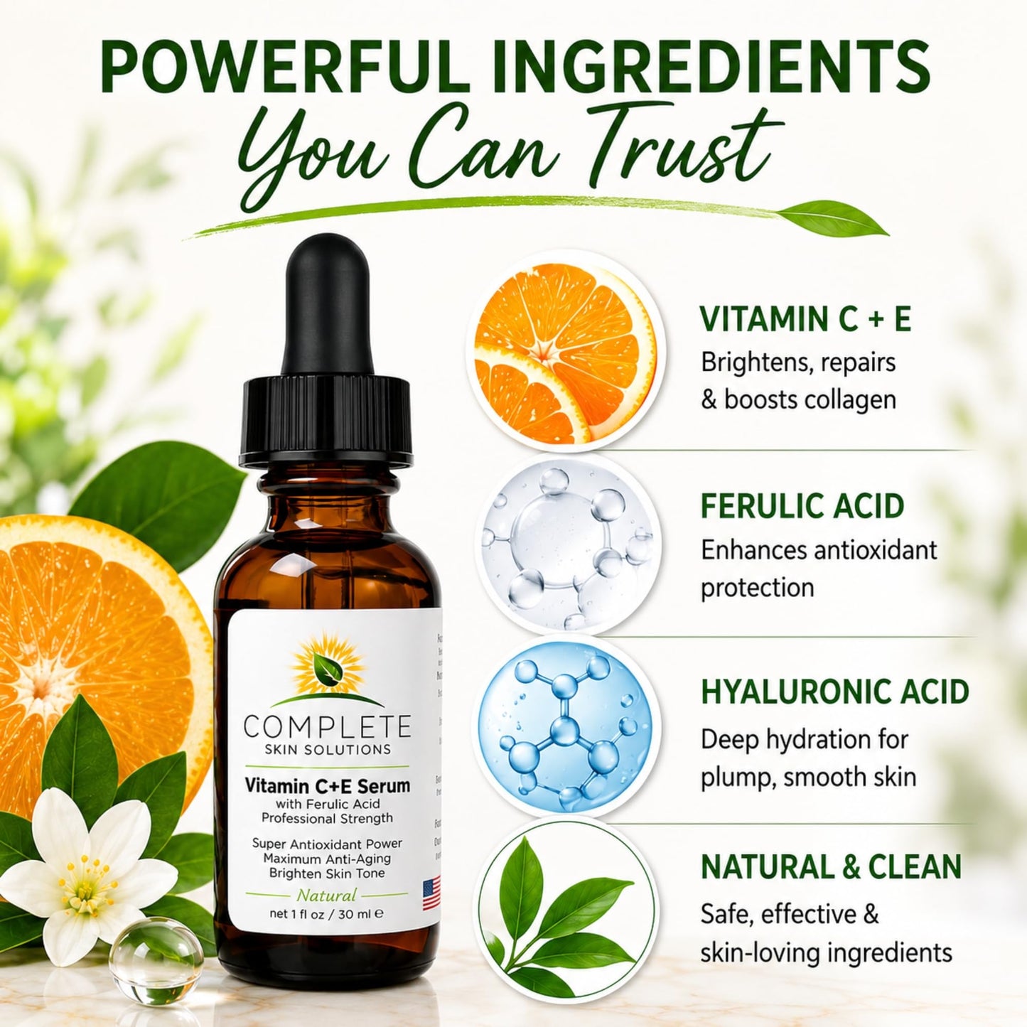 Complete Skin Solutions Natural Vitamin C E Serum with Ferulic Acid 1 oz Beauty & Personal Care COMPLETE SKIN SOLUTIONS