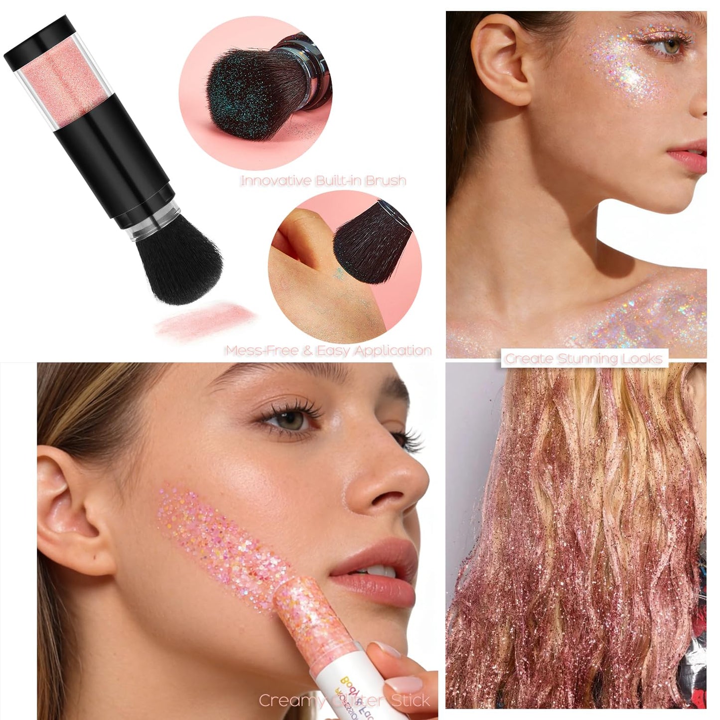 Holographic Mermaid Glitter Makeup Kit: 2-in-1 Body & Face Stick & Loose Powder with Built-in Brush for Festival, Rave, Concert, Carnival | Shimmery Beauty & Personal Care FindinBeauty