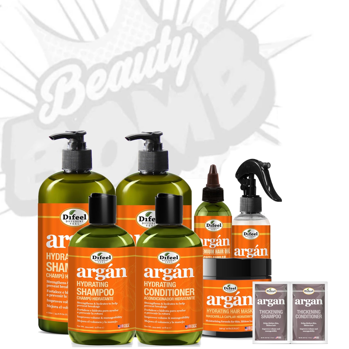 Difeel Argan Hydrating Shampoo & Conditioner Collection - 8 Piece Set, Includes Hair Oil, Mask, Leave in Spray, Travel Size - Sulfate Free, Paraben Beauty & Personal Care Difeel