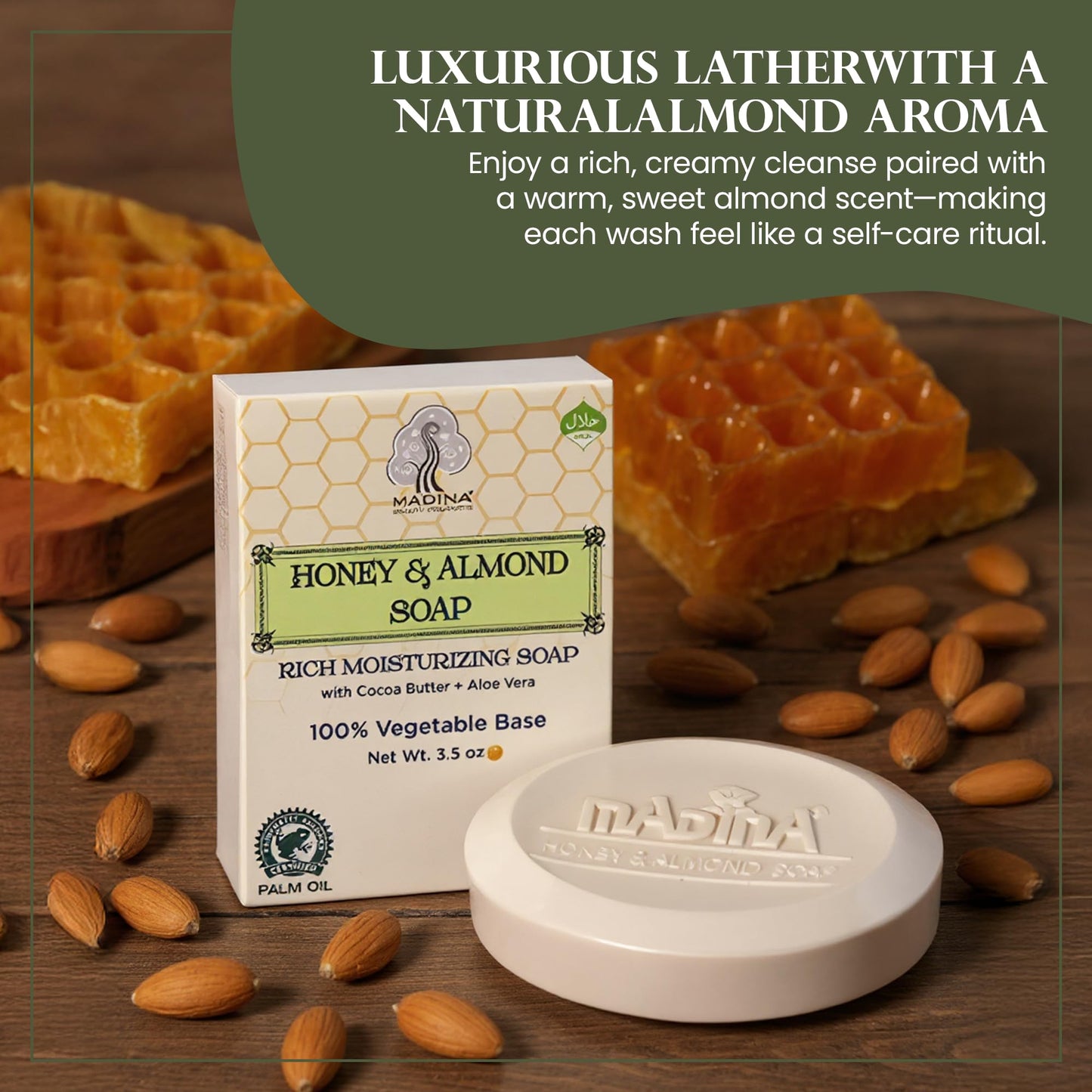 Madina Honey & Almond Soap Bar - Moisturizing, Nourishing, Sweet Almond Oil, Honey, Cocoa Butter, Aloe Vera, 100% Vegetable-Based, Halal Certified, 6 Beauty & Personal Care Madina