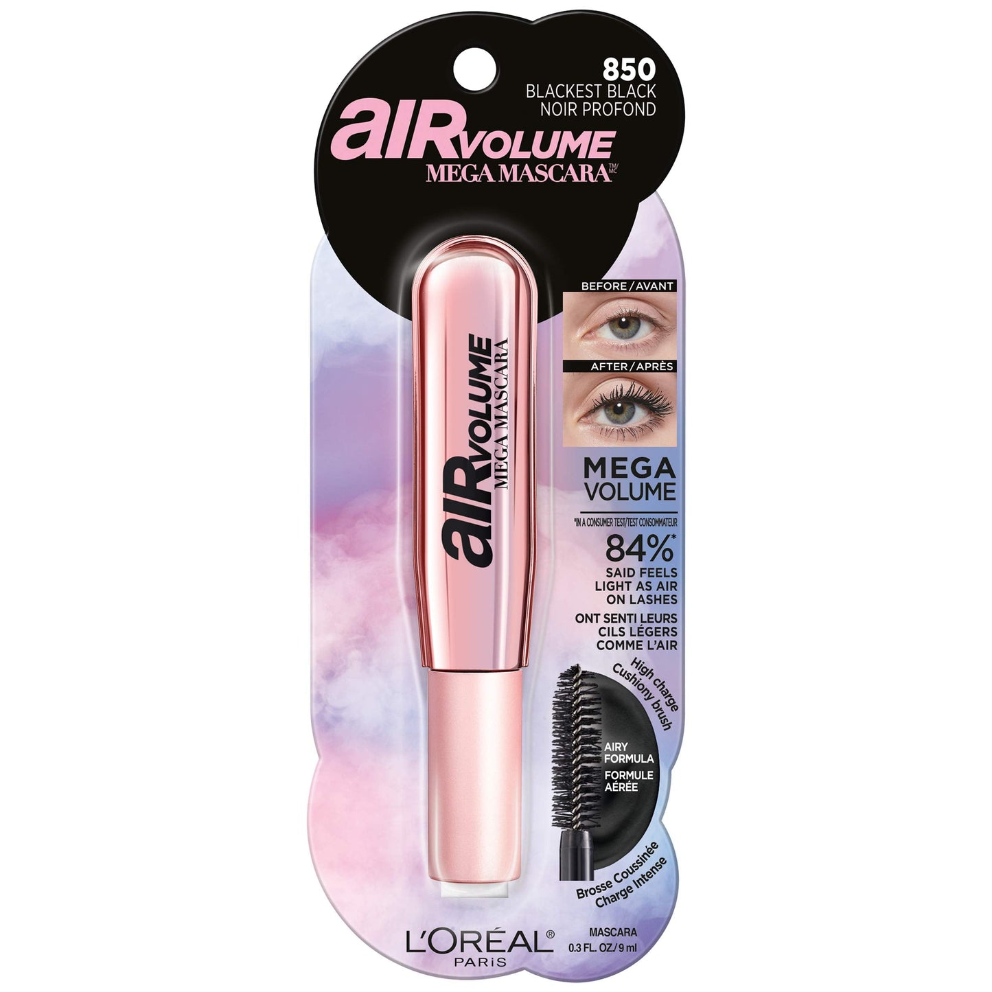 L'Oreal Paris Makeup Air Volume Mega Mascara, Lightweight & Long-lasting Volumizing Mascara for Voluminous Eyelashes, Washable Blackest Black, 0.3 Fl Beauty & Personal Care L'Oreal Paris