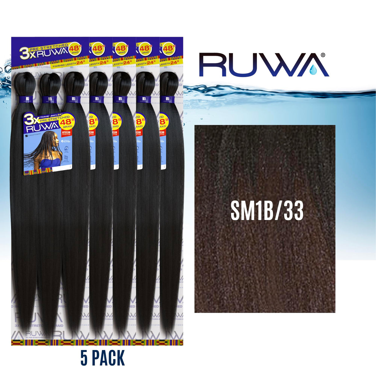 Sensationnel Ruwa Prestretched Braiding Hair-3X 48 Inch,5 pack SM1B/33