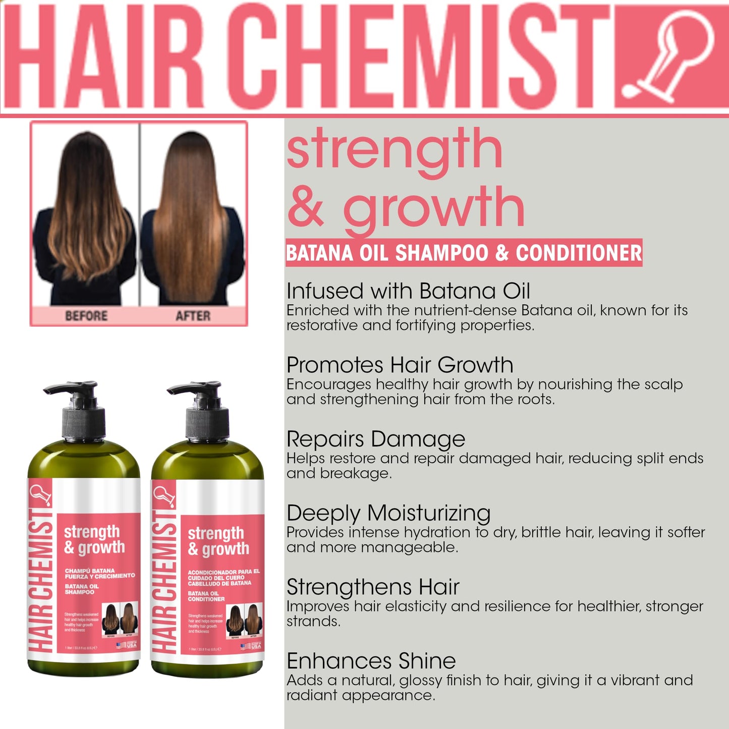 Hair Chemist Strength & Growth Batana Oil Shampoom Conditioner Set 33.8 oz. & Hair Oil 7.1 oz. (3-PC Set) - Batana Shampoo and Conditioner for Hair Beauty & Personal Care Hair Chemist