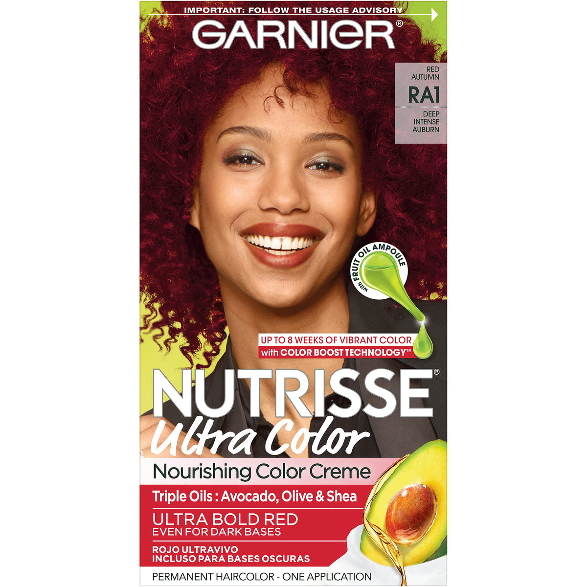Garnier Nutrisse Ultra Color Nourishing Hair Color Creme with Triple Oils, Permanent Dye for 100 Percent Gray Coverage, Red Autumn RA1