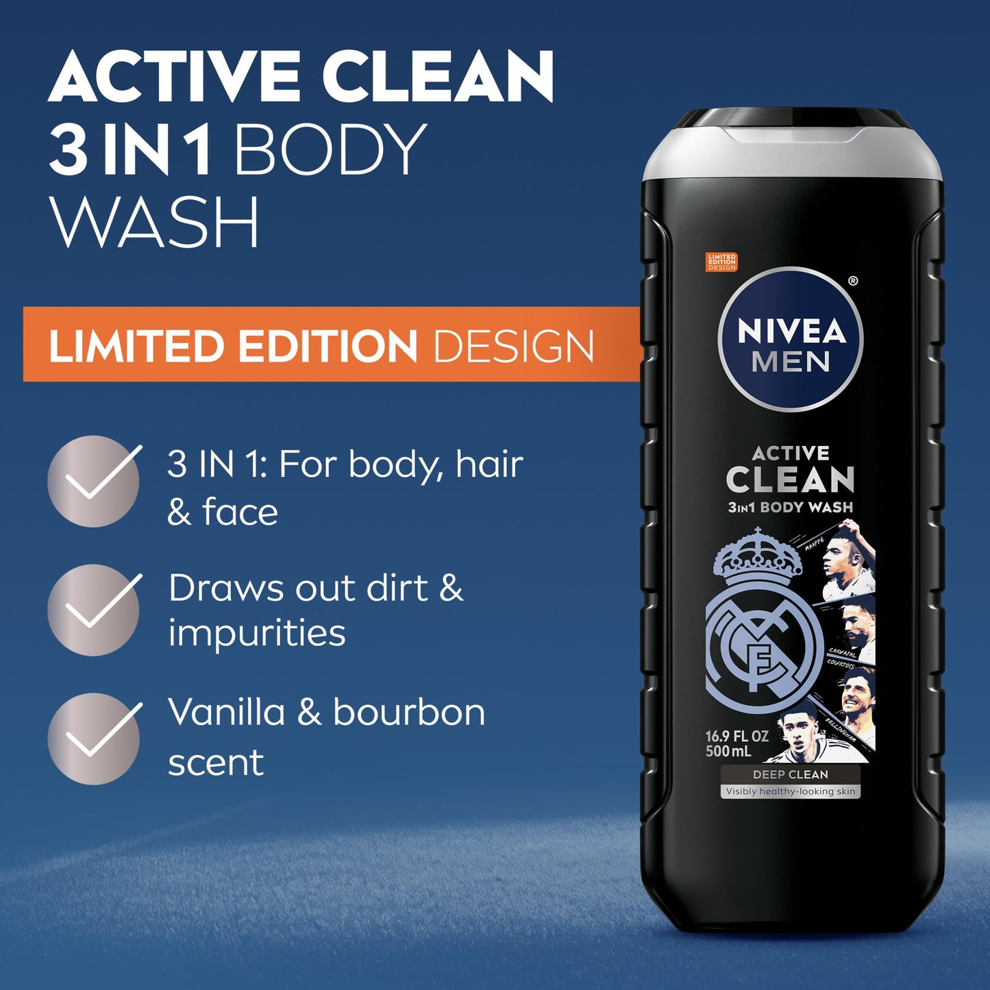NIVEA MEN Real Madrid Limited Edition Design Active Clean Body Wash with Natural Charcoal for Normal to Oily Skin, 3-in-1 Charcoal Body Wash, Face Beauty & Personal Care NIVEA MEN