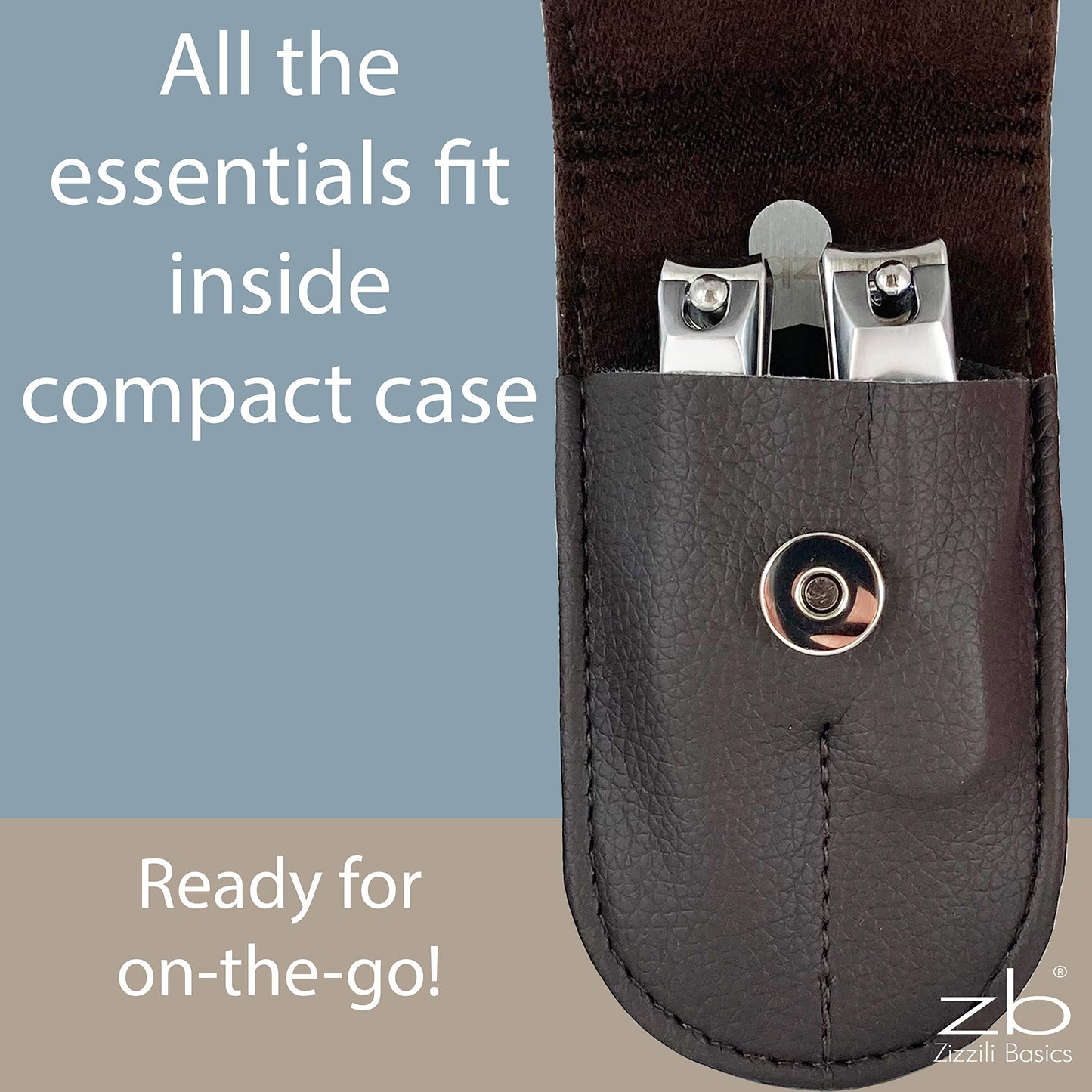 Nail Clippers by Zizzili Basics - 3 Piece Nail Clipper Set - Stainless Steel Fingernail & Toenail Clippers with Nail File and Brown Travel Case - Best Beauty & Personal Care Zizzili Basics