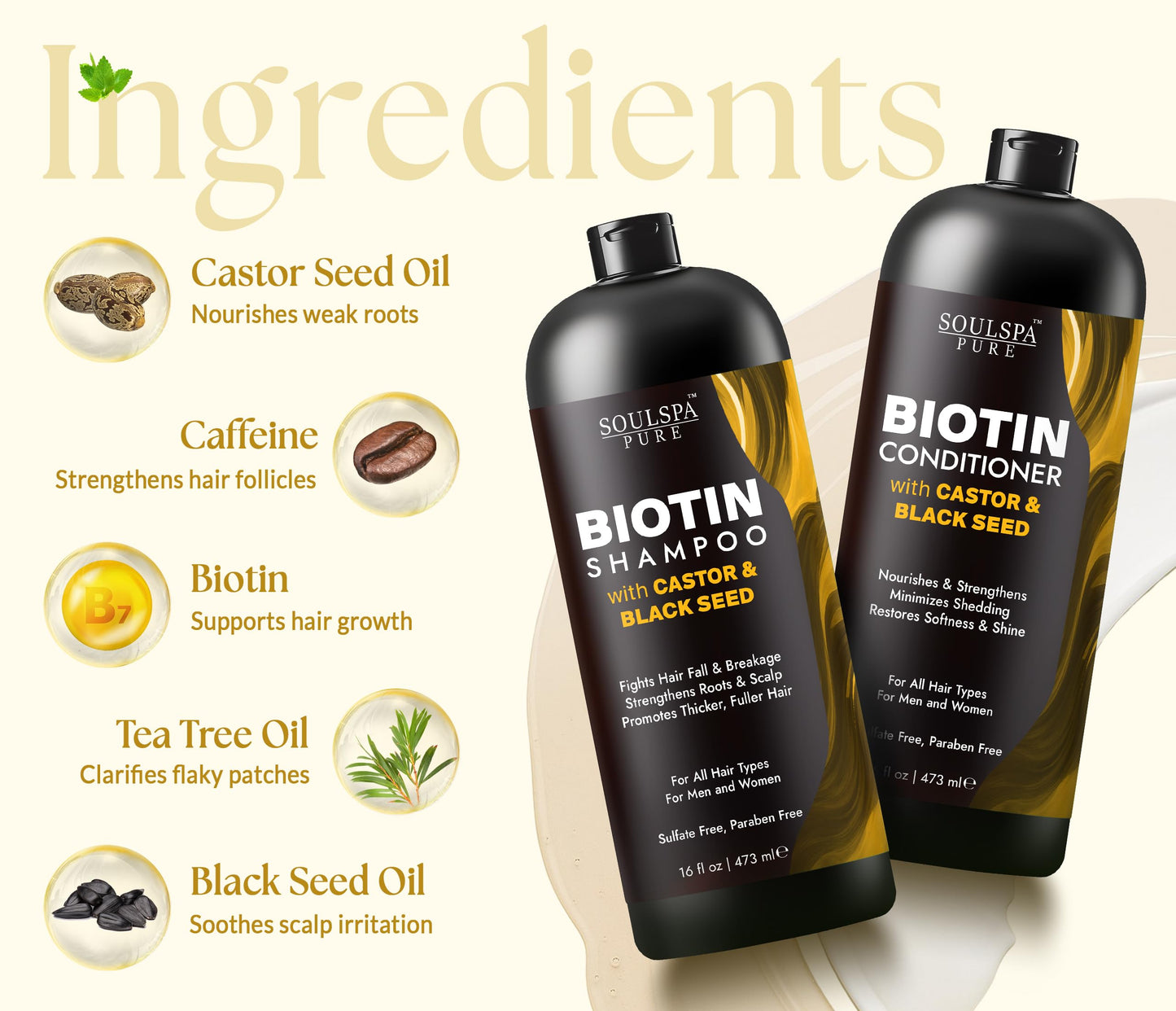 SOULSPA PURE Castor Oil & Black Seed Biotin Shampoo and Conditioner Set - Sulfate Free Nourishing Formula for Thinning Hair & Dry Scalp - Deep Beauty & Personal Care SOULSPA PURE