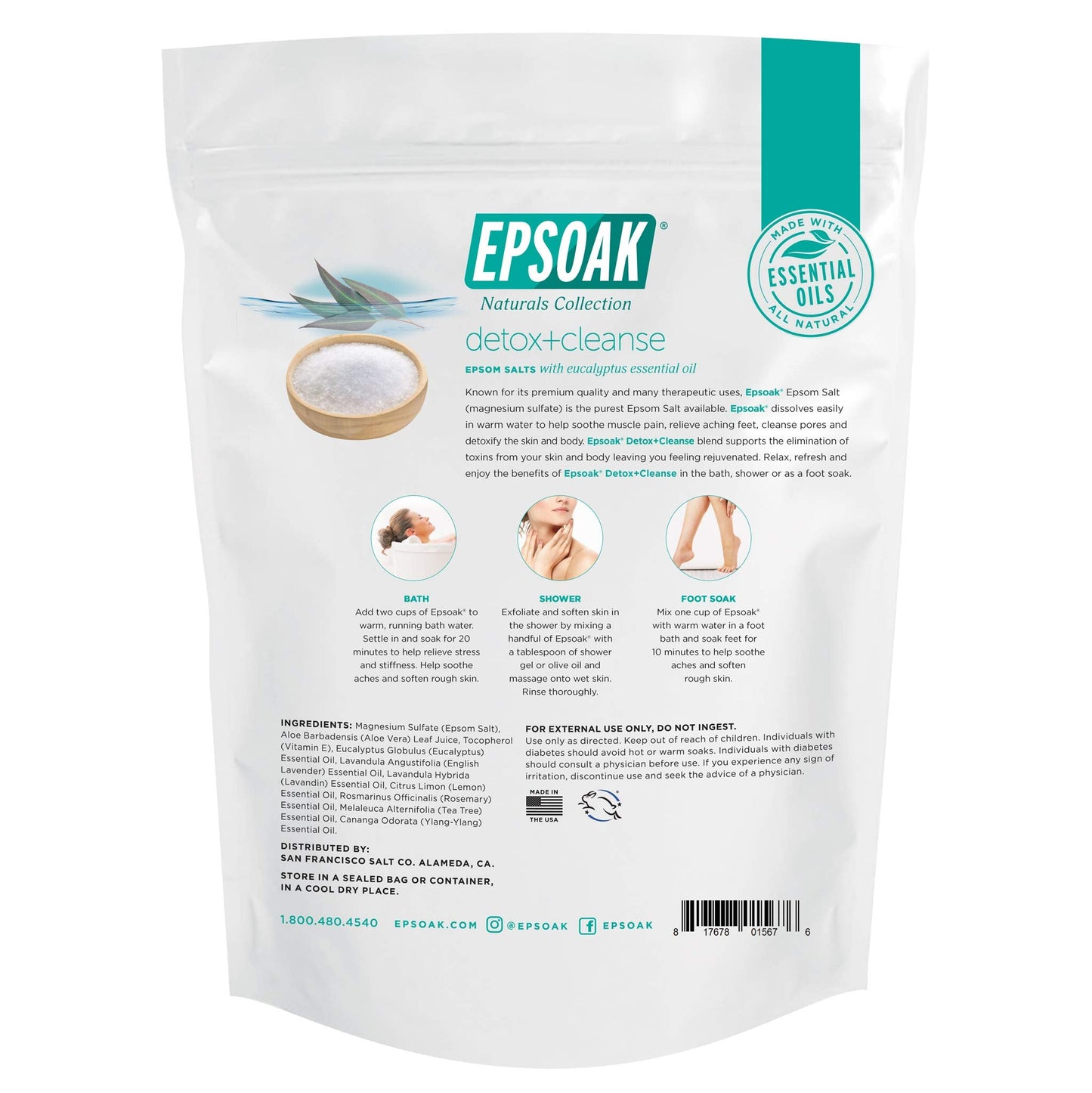 Epsoak Epsom Salt 4 lb. Magnesium Sulfate USP. (Qty. 2 x 2 lb. Bags) Resealable Epsom Salt Bag Detox + Cleanse, Made in The USA, Cruelty-Free Beauty and Personal Care Epsoak