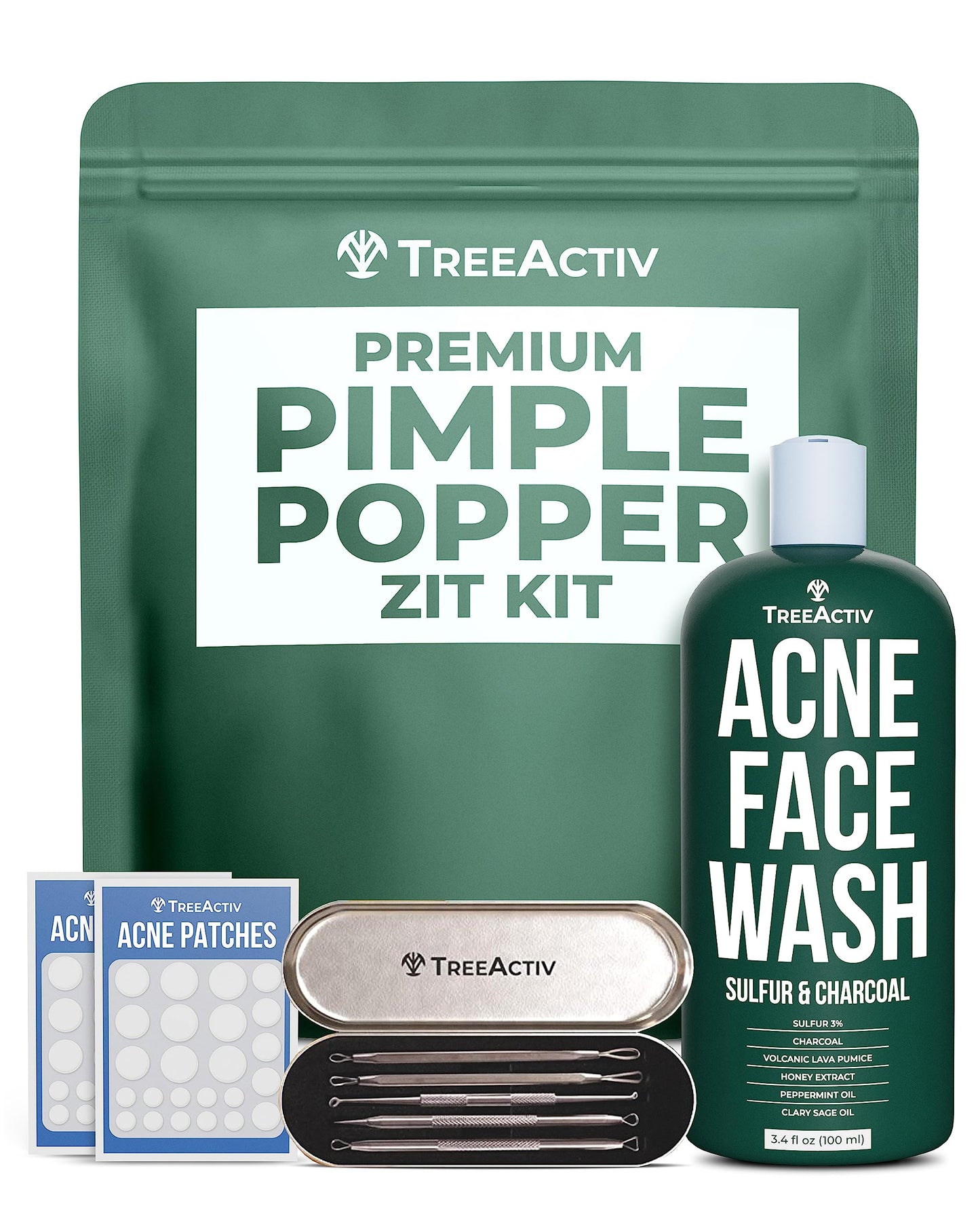 TreeActiv Pimple Popper Tool Kit with Face Wash and Acne Patches, Professional Blackhead Remover Tools Facial Kit, Stainless Steel Blackhead Extractor Beauty & Personal Care TreeActiv