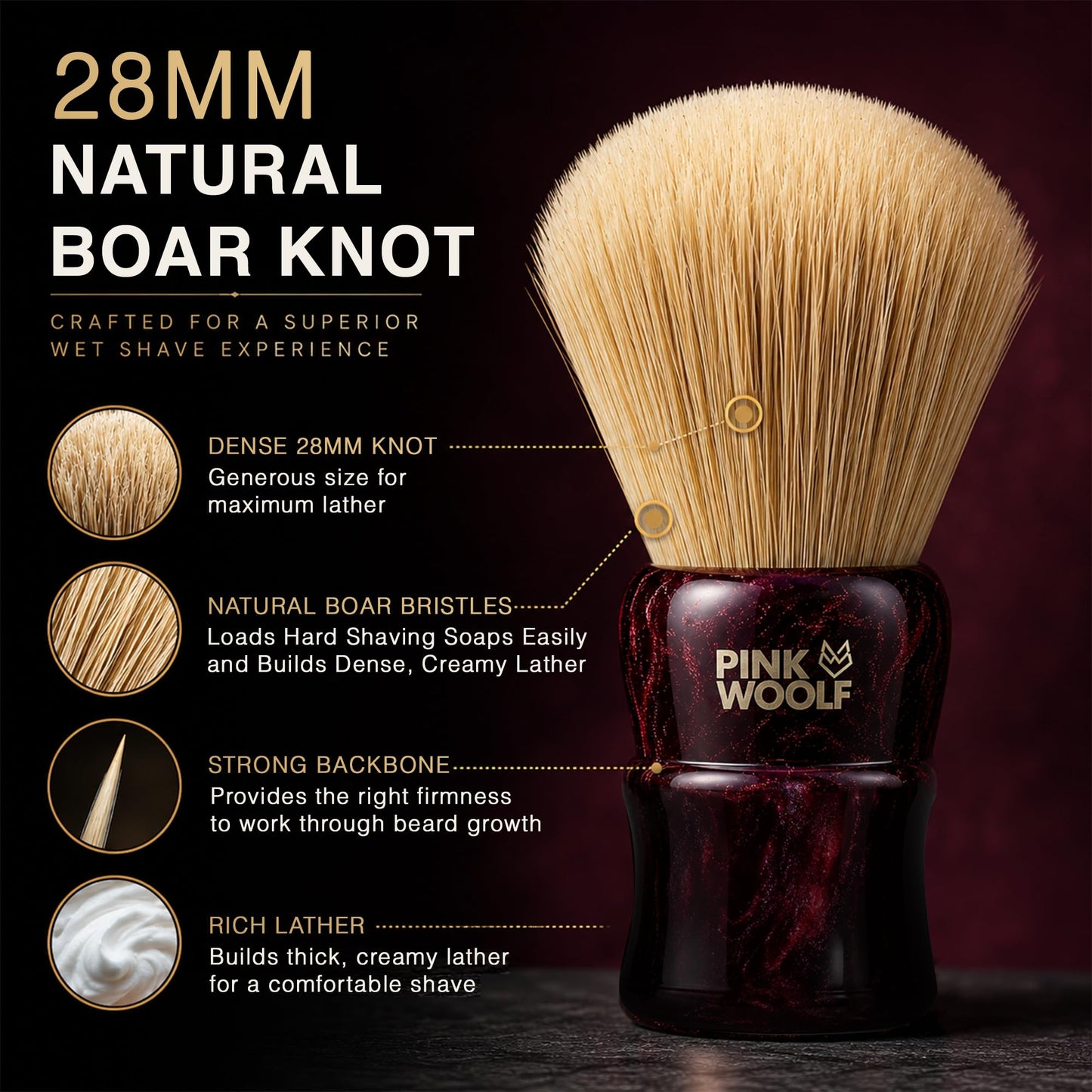Pink Woolf Boar Shaving Brush for Men - 28mm Natural Boar Bristles, Dense Wet Shave Brush for Rich Lather, Premium Maroon Handle, Soft Face Feel Beauty and Personal Care Pink Woolf