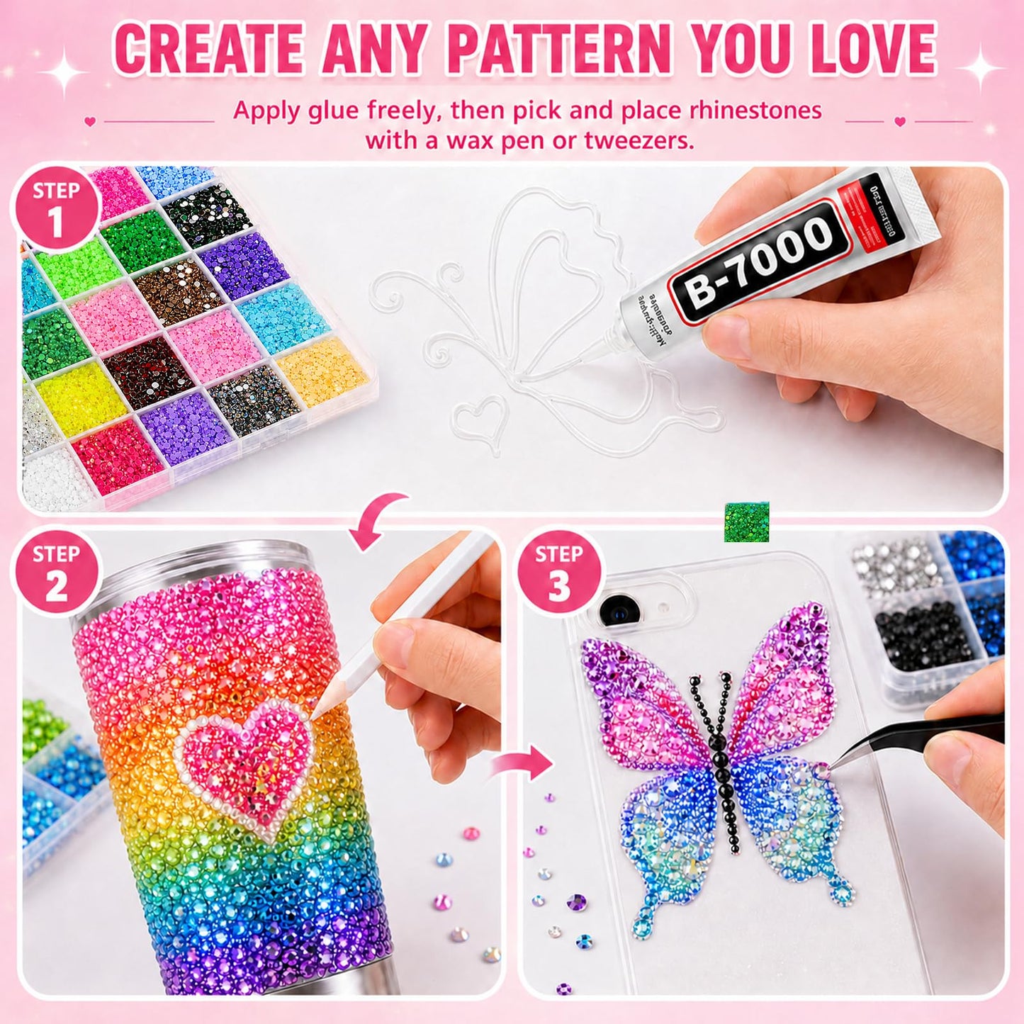 ZGZZGZ 50000 Pcs Resin Jelly Rhinestones Flat Back, 3mm Multicolor Bedazzling Gems Kit with 3Pcs B7000 Glue, Bulk Colorful Rhinestones for Nail Art Beauty and Personal Care ZGZZGZ