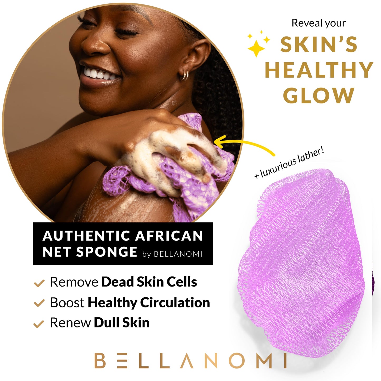 BELLANOMI African Exfoliating Net Sponge, Authentic, Ethically sourced from Nigeria, 45 inches Long, Back Scrubber for Daily use (Lilac) Beauty and Personal Care Bellanomi