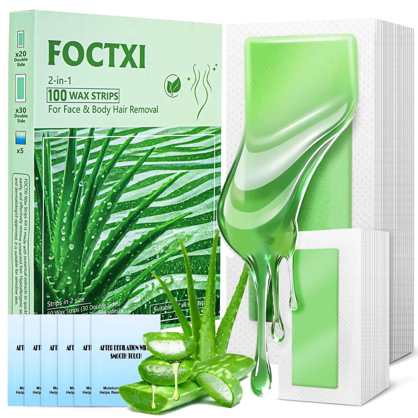 FOCTXI 100 PCS Wax Strips Hair Removal Kit (40 Facial & 60 Body) + 5 Calming Wipes - At Home Waxing Kit for Face, Eyebrow, Bikini & Legs, Sensitive Beauty and Personal Care FOCTXI