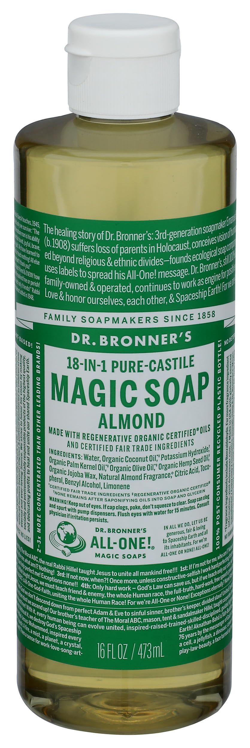 Dr. Bronner's 18-in-1 Hemp Almond Pure-Castile Liquid Soap, 1 Pound (Pack of 1). Beauty & Personal Care Dr. Bronner's