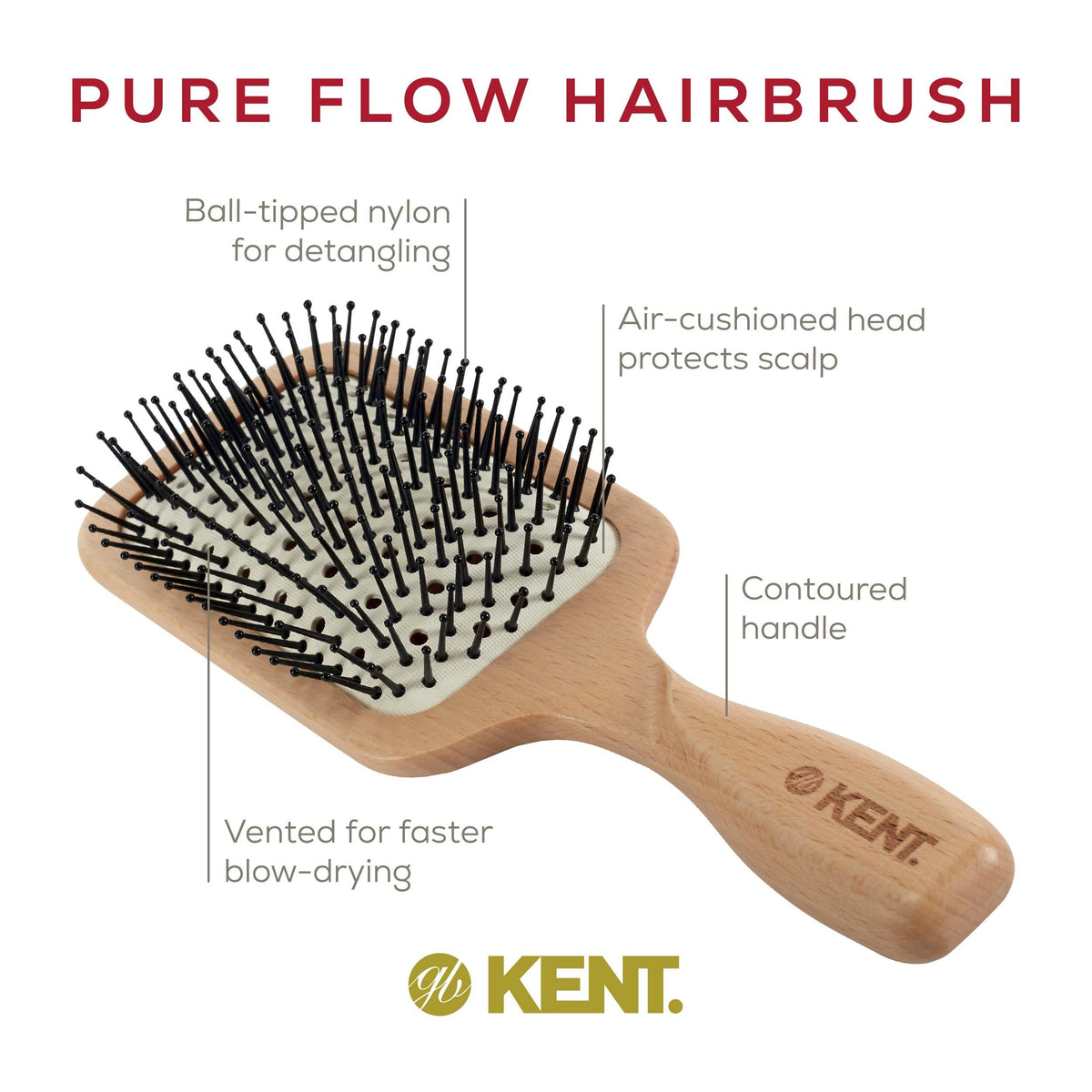 Kent LPF2 Large Cushion Paddle Hair Brush, Vented Taming Fine Pins Detangle Brush for Long Thick and Curly Hair, Scalp Massager and Growth Stimulator