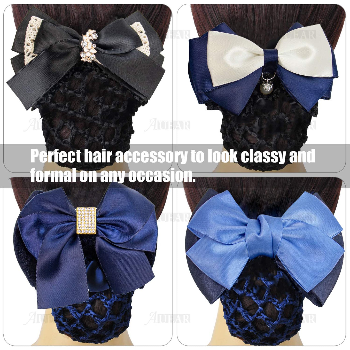 AUEAR, 4 Pcs Satin Hair Bow with Snood Net Barrette Bowknot Clip Bun Cover Hairnets for Women Beauty & Personal Care AUEAR