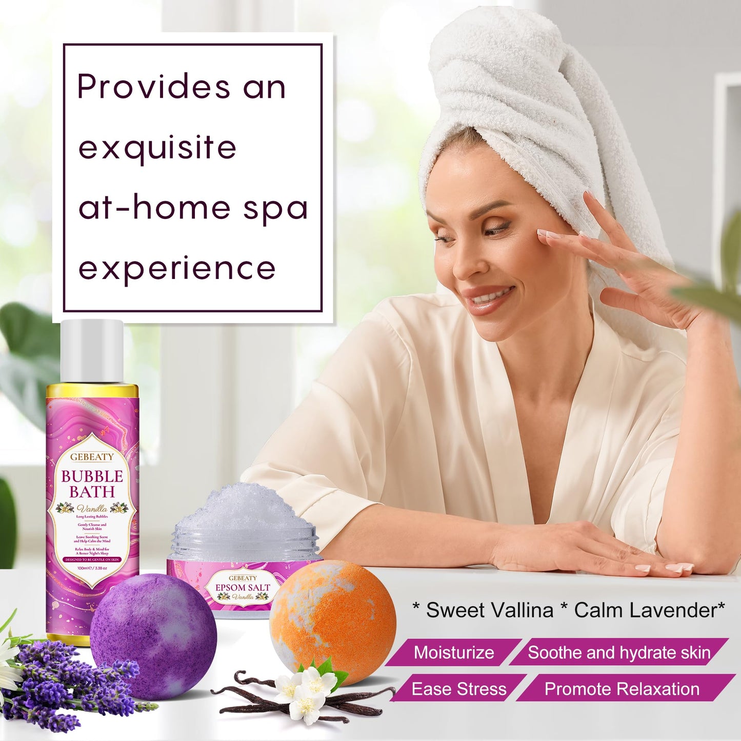 Spa Bath Sets for Women Gift,Stress Relief & Relaxing Body Wash Bath Set,Vanilla Home Spa Basket Gifts Set for Woman Mom Wife Her Sister,Unique Self Beauty and Personal Care GEBEATY