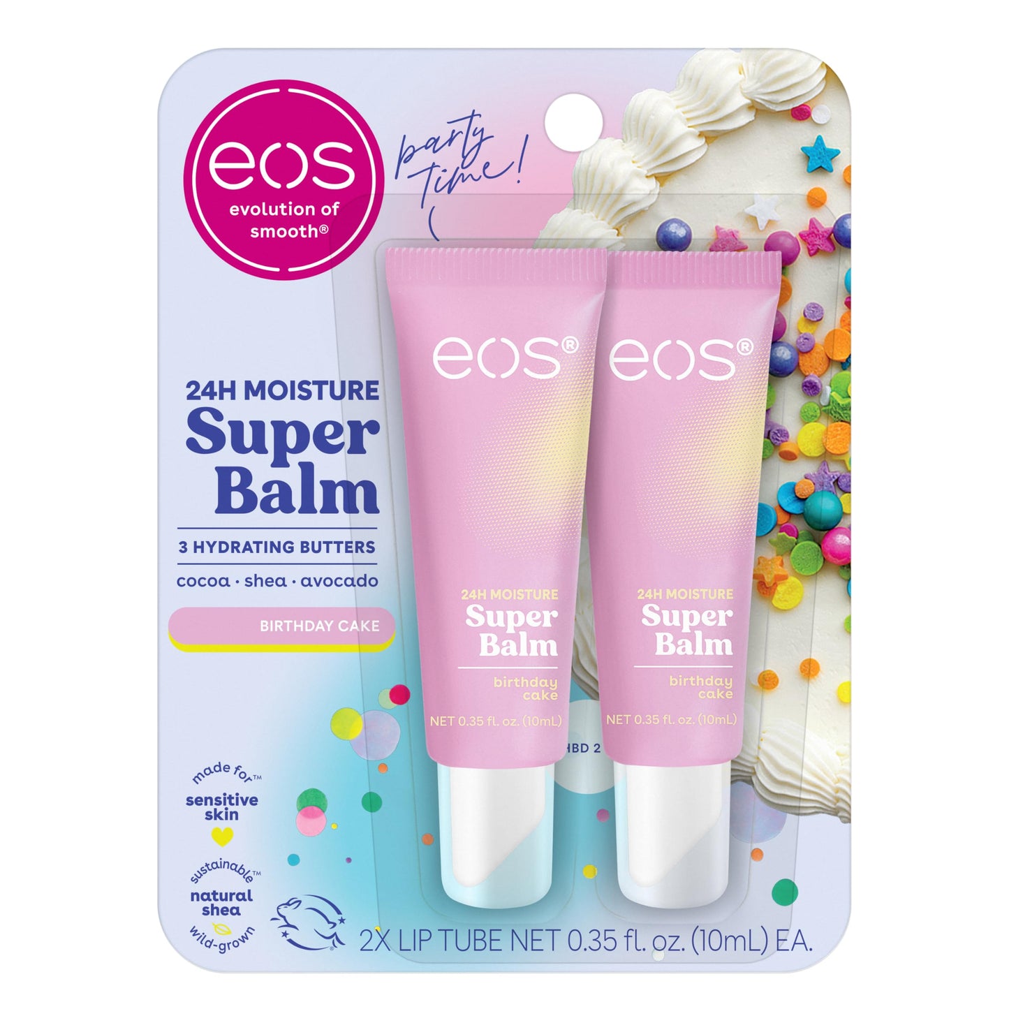 eos 24H Moisture Super Balm - Birthday Cake, Day or Night Lip Treatment, Made for Sensitive Skin, Lip Balms & Moisturizers, 0.35 fl oz, 2-Pack Beauty and Personal Care eos