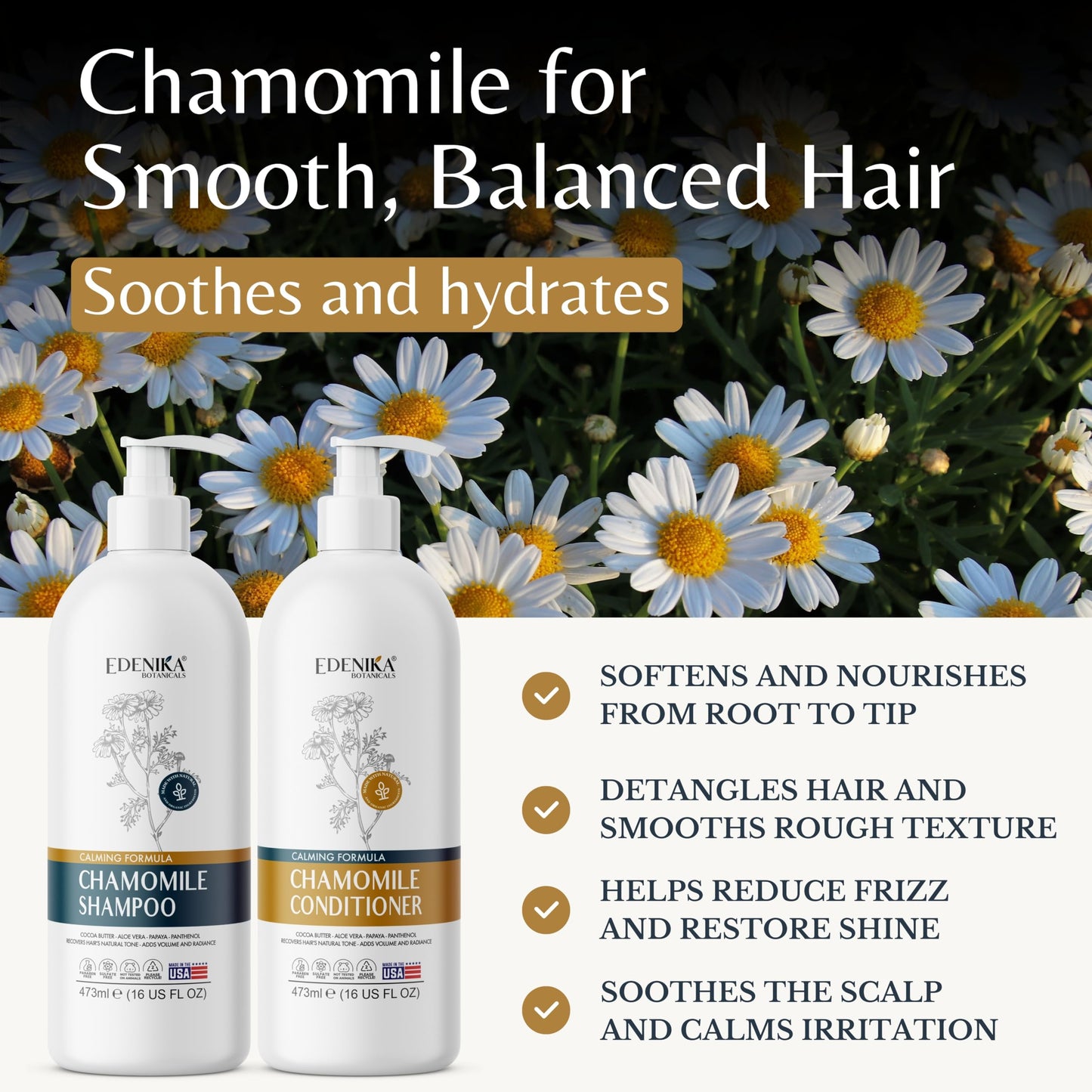 Edenika Botanicals Chamomile Shampoo and Conditioner Set, Calming Formula with Certified Organic and Natural Ingredients Intense Nourishment Makes Beauty & Personal Care EDENIKA BOTANICALS