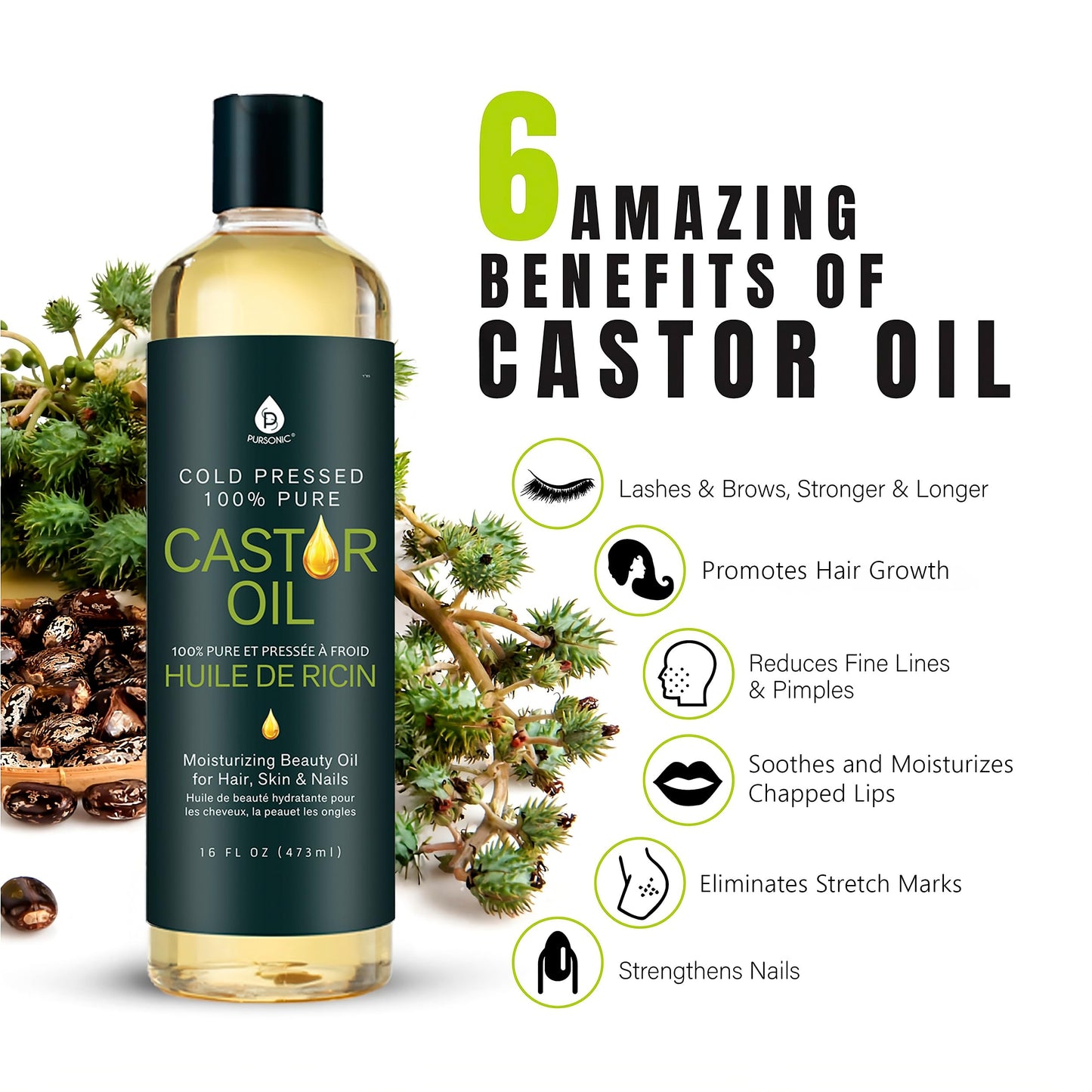Pursonic Castor Oil (16oz) Cold-Pressed, 100% Pure, Hexane-Free Castor Oil-Moisturizing & Healing, For Dry Skin, Hair Growth - For Skin, Hair Care Beauty & Personal Care PURSONIC