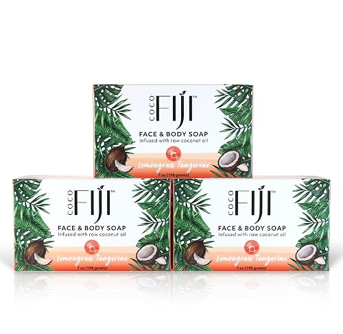 "Coco Fiji Soap Bar for Face and Body Infused With Organic Coconut Oil, Lemongrass Tangerine Essential Oil, Natural Soap for Moisturizing & Pore Beauty & Personal Care Organic Fiji