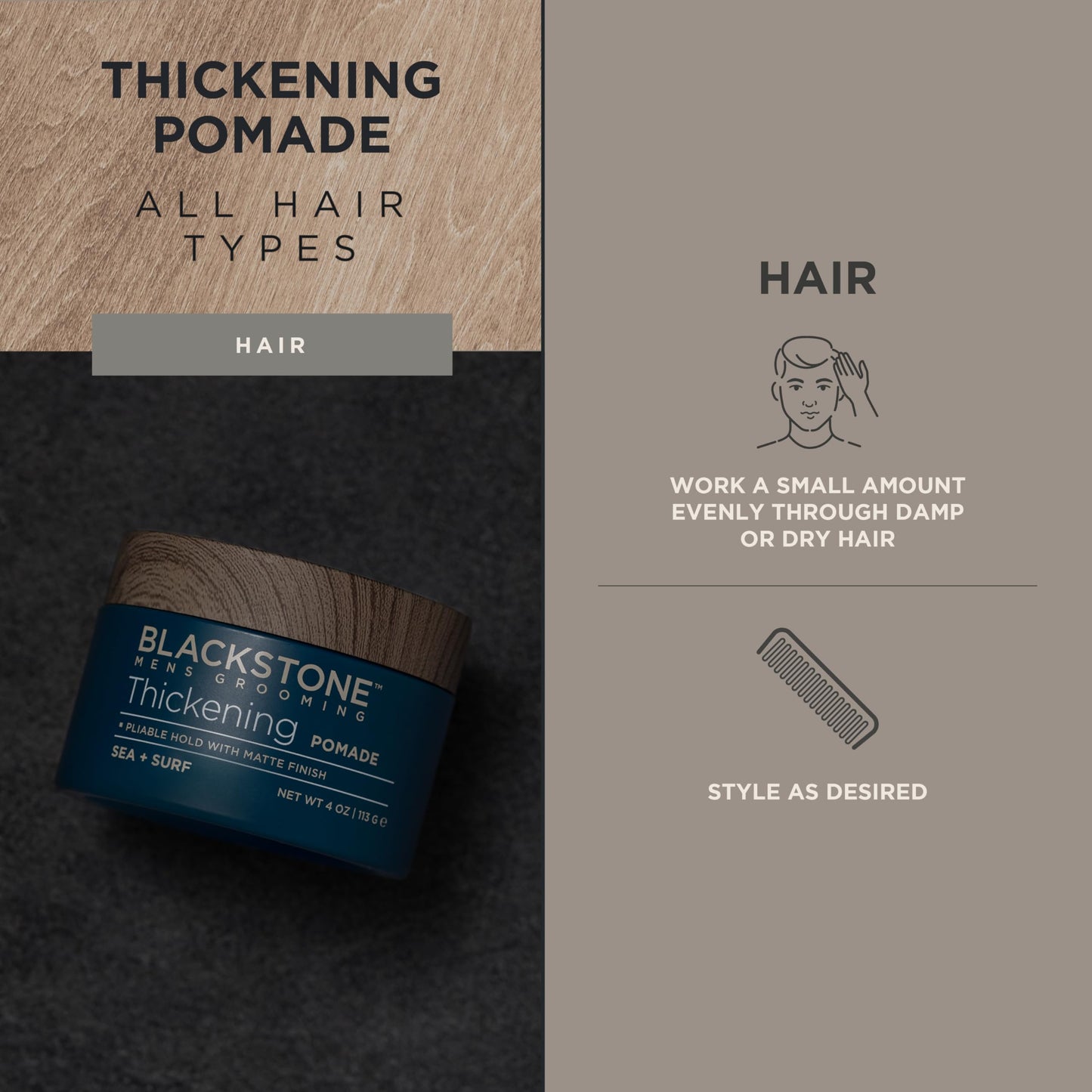 Blackstone Men's Grooming Hair Thickening Pomade - Pliable Hold with Matte Finish | Paraben & | Sea + Surf Scent (4 Oz) Beauty & Personal Care Blackstone