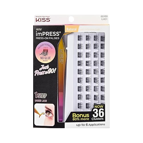 KISS imPRESS Falsies Press On Self Adhesive Eyelashes, 12mm-14mm Natural Volume Press On Lashes, Black, No Glue Needed, Invisible Band, 20 Lash Beauty & Personal Care imPRESS