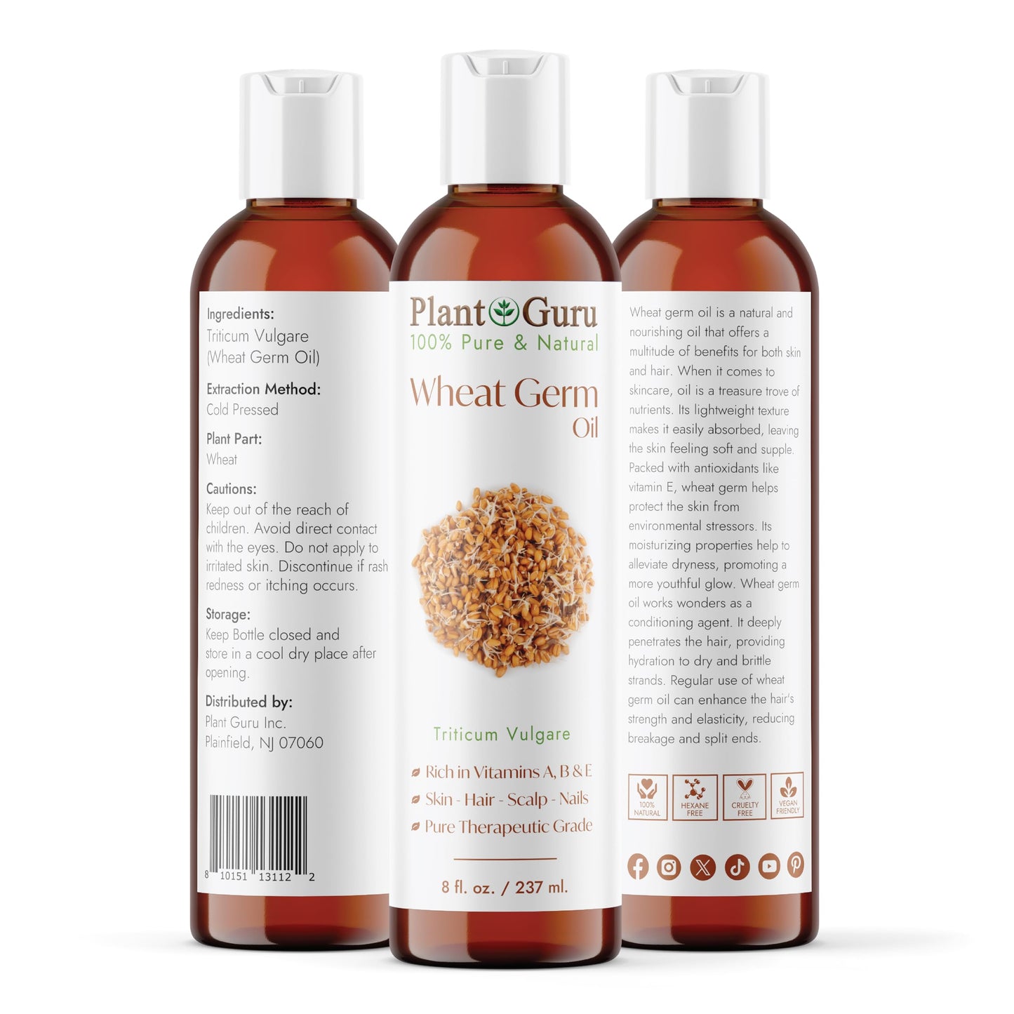 Plant Guru Wheat Germ Oil 8 fl. oz. - Cold?Pressed Unrefined 100% Pure & Natural Carrier Oil for Skin, Face, Body & Hair Moisturizing. Perfect for DIY Beauty & Personal Care Plant Guru