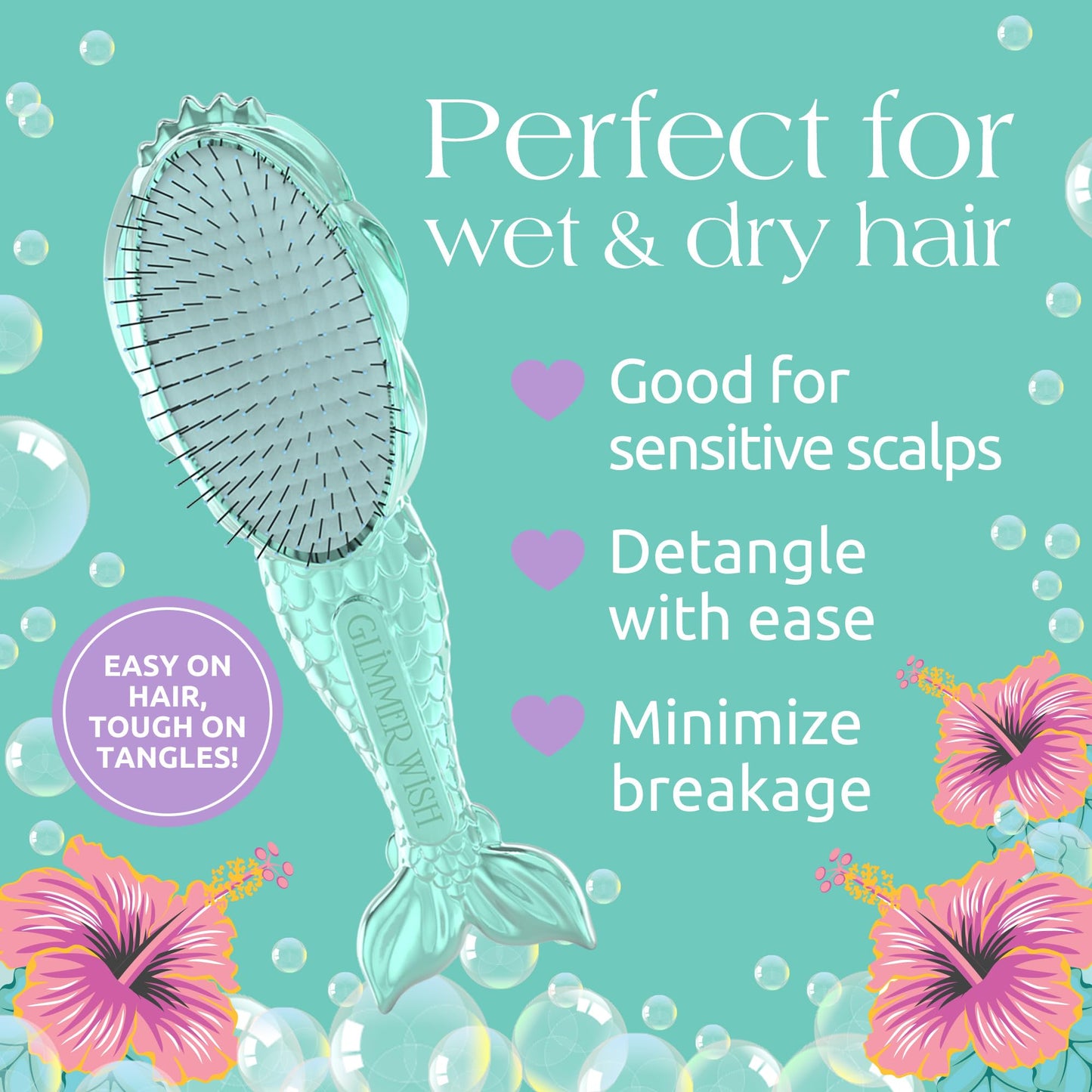 Glimmer Wish Mermaid Detangling Hair Brush for Kids - Anti Frizz and Anti Static - Soft and Long Bristles to Detangle With Ease - Gentle on Hair Kids Beauty & Personal Care Glimmer Wish