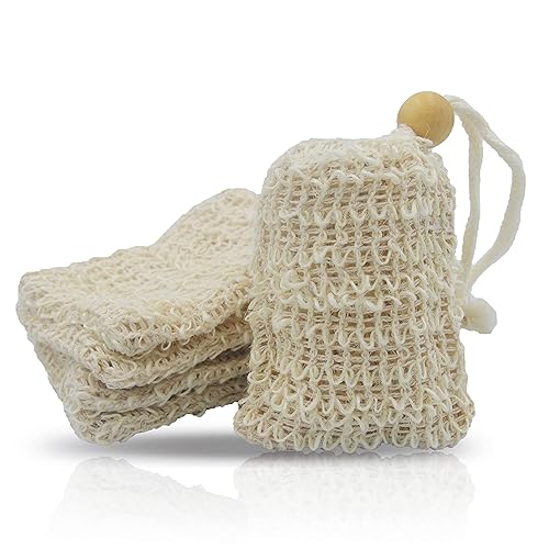Bleu Bath (5 Pack) Mini Size Natural Exfoliating Loofah Pouch Sisal Ramie Soap Saver Bag Soap Lather Scrubber with Drawstring and Wooden Bead Holder Beauty & Personal Care Bleu Bath