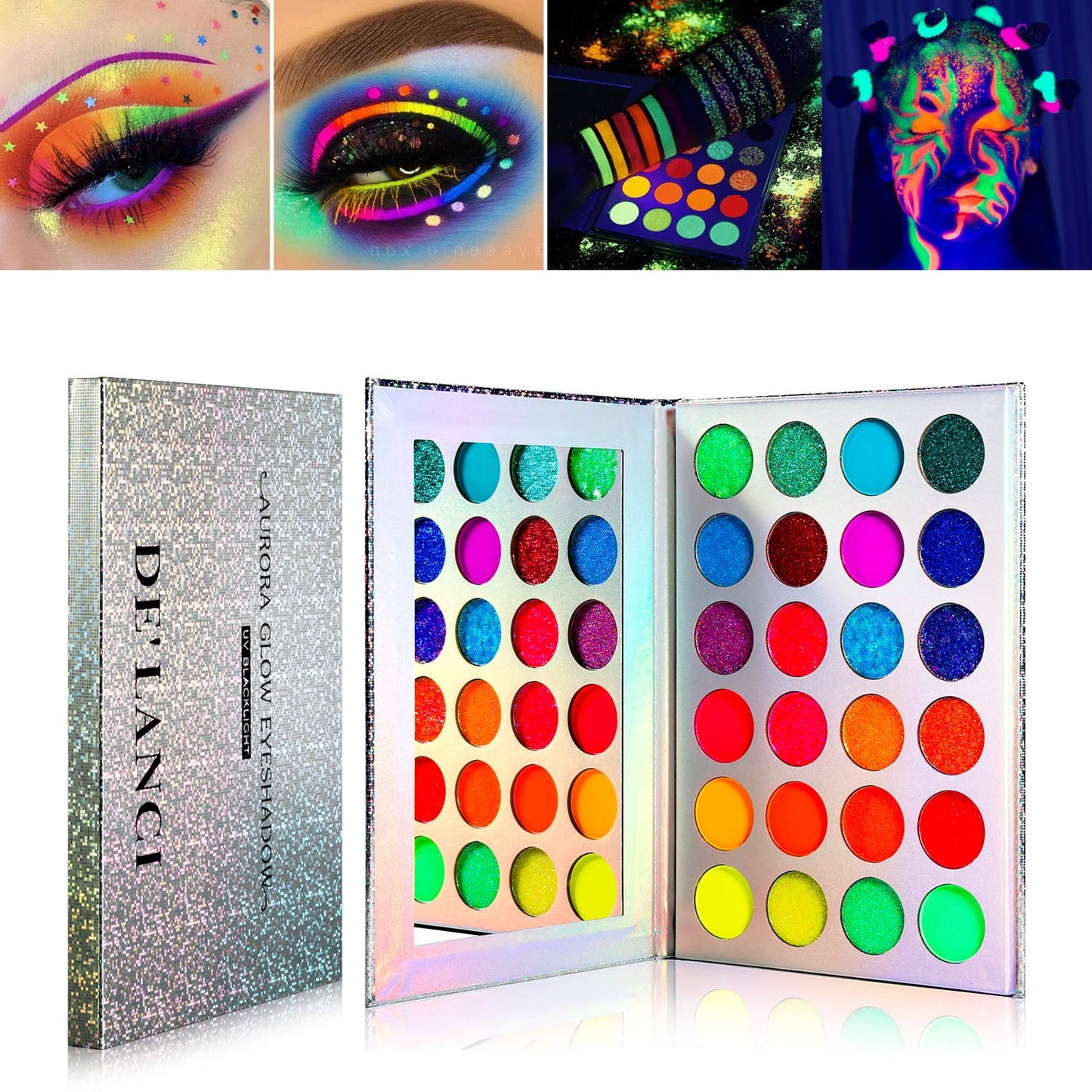 DE'LANCI Neon Eyeshadow Palette Glow in the Dark, Aurora Glow Eyeshadow Pallets Stage, Halloween Christmas Makeup Kit UV Blacklight Matte and Glitter Beauty & Personal Care DE'LANCI