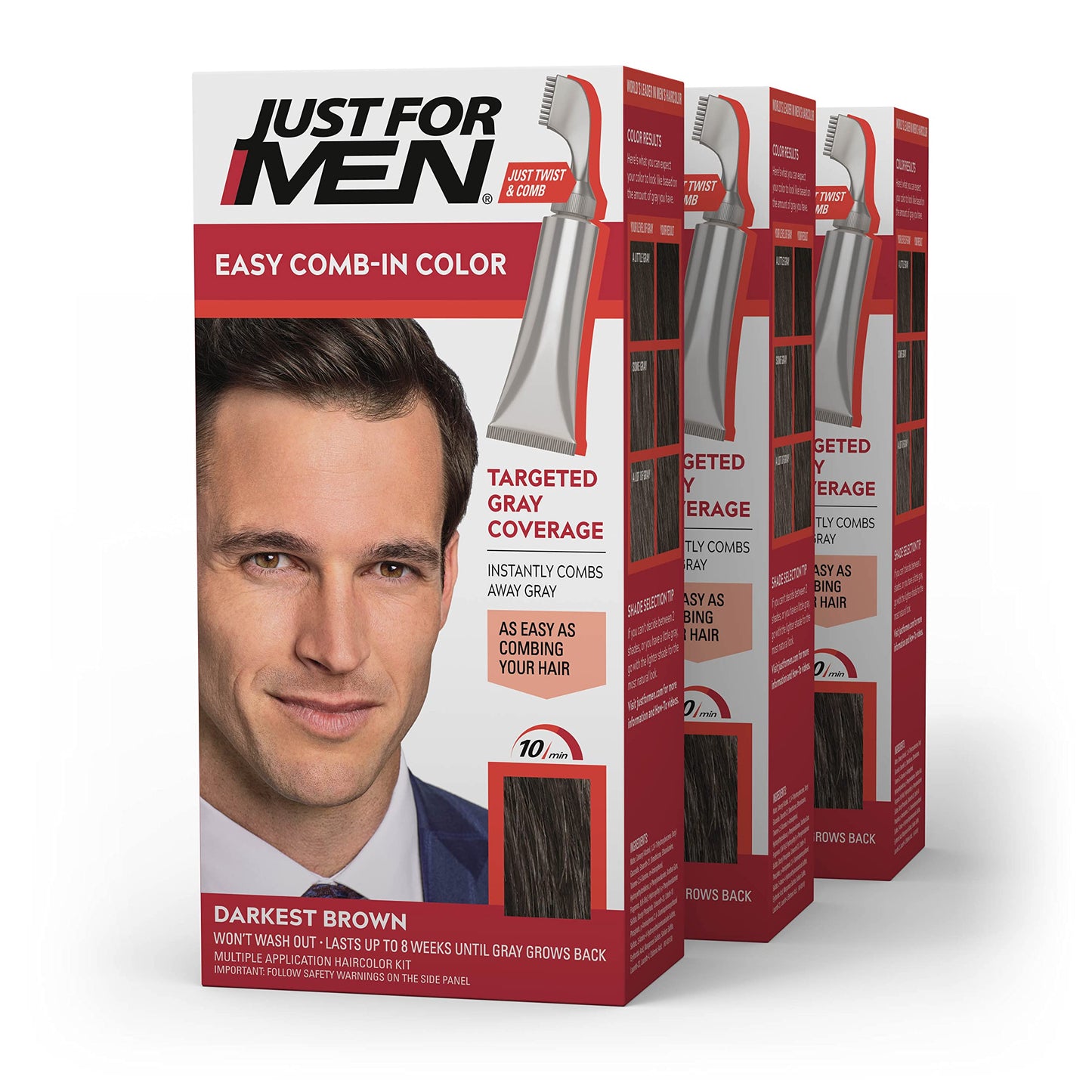 Just For Men Easy Comb-In Color Mens Hair Dye, Easy No Mix Application with Comb Applicator - Darkest Brown, A-50, Pack of 3 Beauty & Personal Care Just for Men