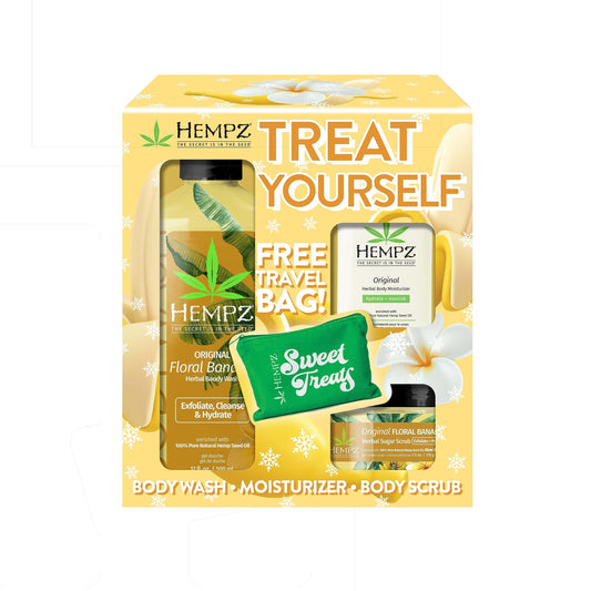Hempz Treat Yourself Floral Banana Herbal Moisturizing Body Wash (17 Oz), Body Scrub (7.3 Oz), & Moisturizer (1.25 Oz), Travel Bag - Festive Holiday Beauty and Personal Care Hempz