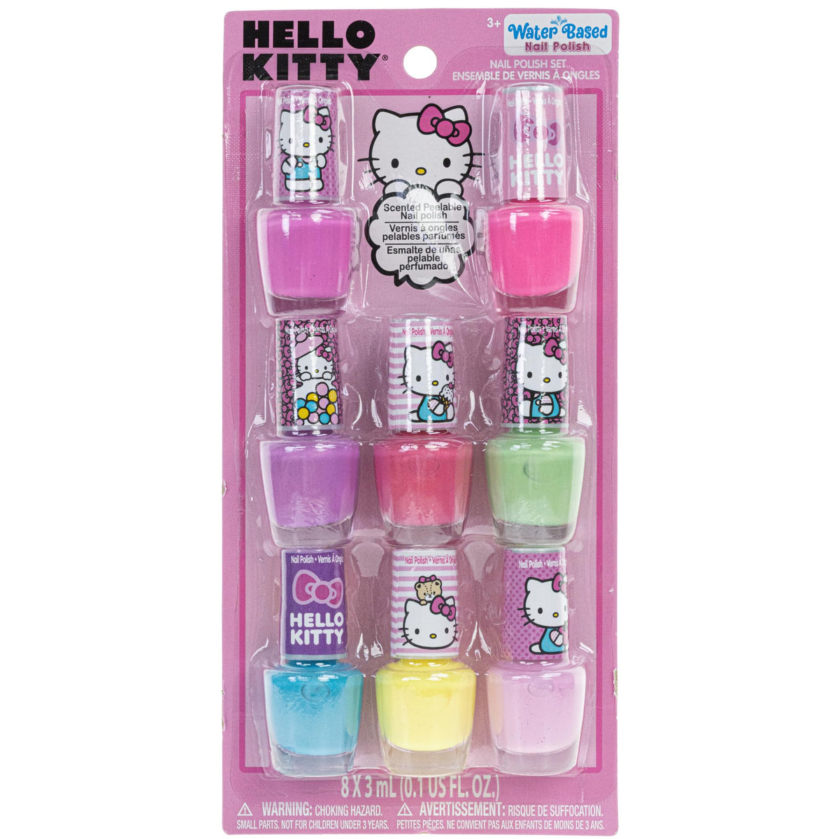 Townley Girl Hello Kitty 8 Pack Nail Polish,Water-Based, Non-Toxic, Peel-Off Set Girls Kids Ages 3+, Perfect for Parties, Sleepovers & Makeovers
