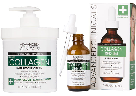 Advanced Clinicals Unscented Collagen Body Cream + Collagen Serum For Face 2PC Skincare Set | Face Serum & Body Lotion For Women & Men Helps Improve Beauty & Personal Care Advanced Clinicals