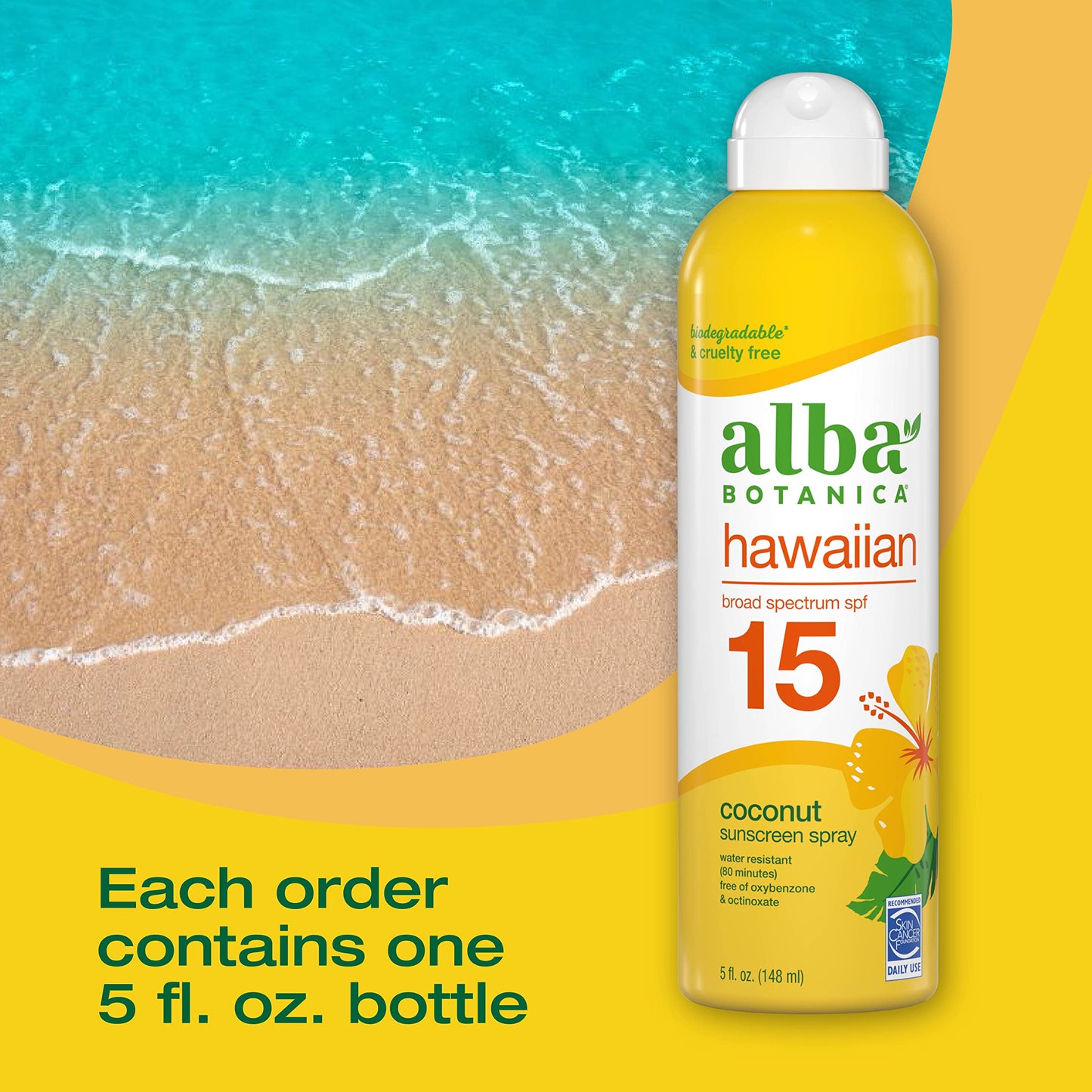 Alba Botanica Sunscreen Spray for Face and Body, Broad Spectrum SPF 15 Sunscreen, Hawaiian Coconut, Water Resistant and Biodegradable, 5 fl. oz. Beauty & Personal Care Alba Botanica